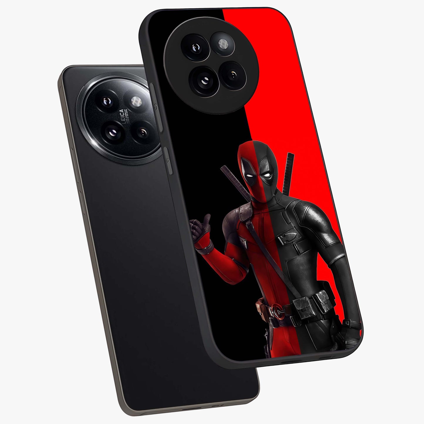 Red & Black Deadpool Theme Glass Case displayed in angled mockup highlighting vibrant superhero style illustration with action aesthetic.