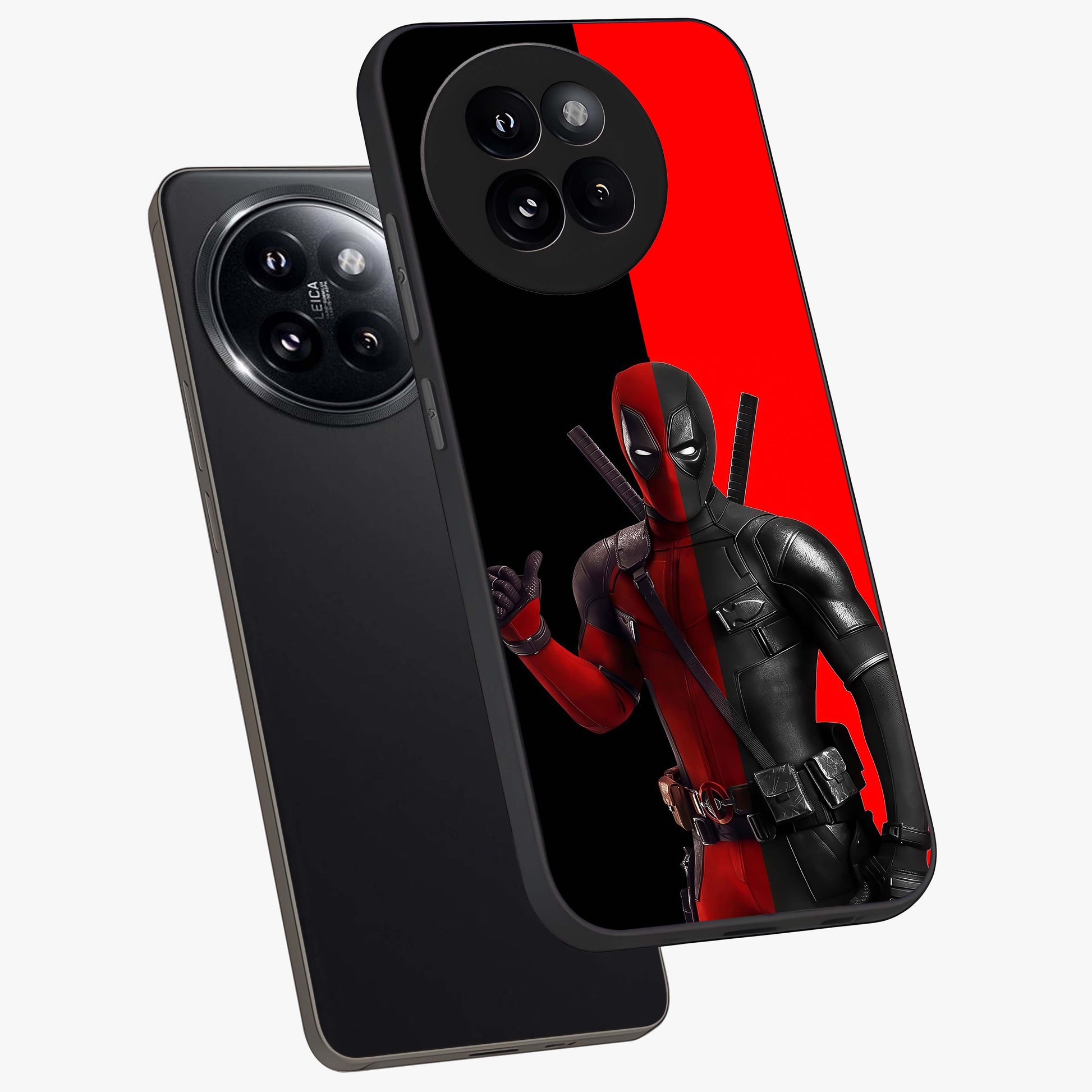 Red & Black Deadpool Theme Glass Case displayed in angled mockup highlighting vibrant superhero style illustration with action aesthetic.