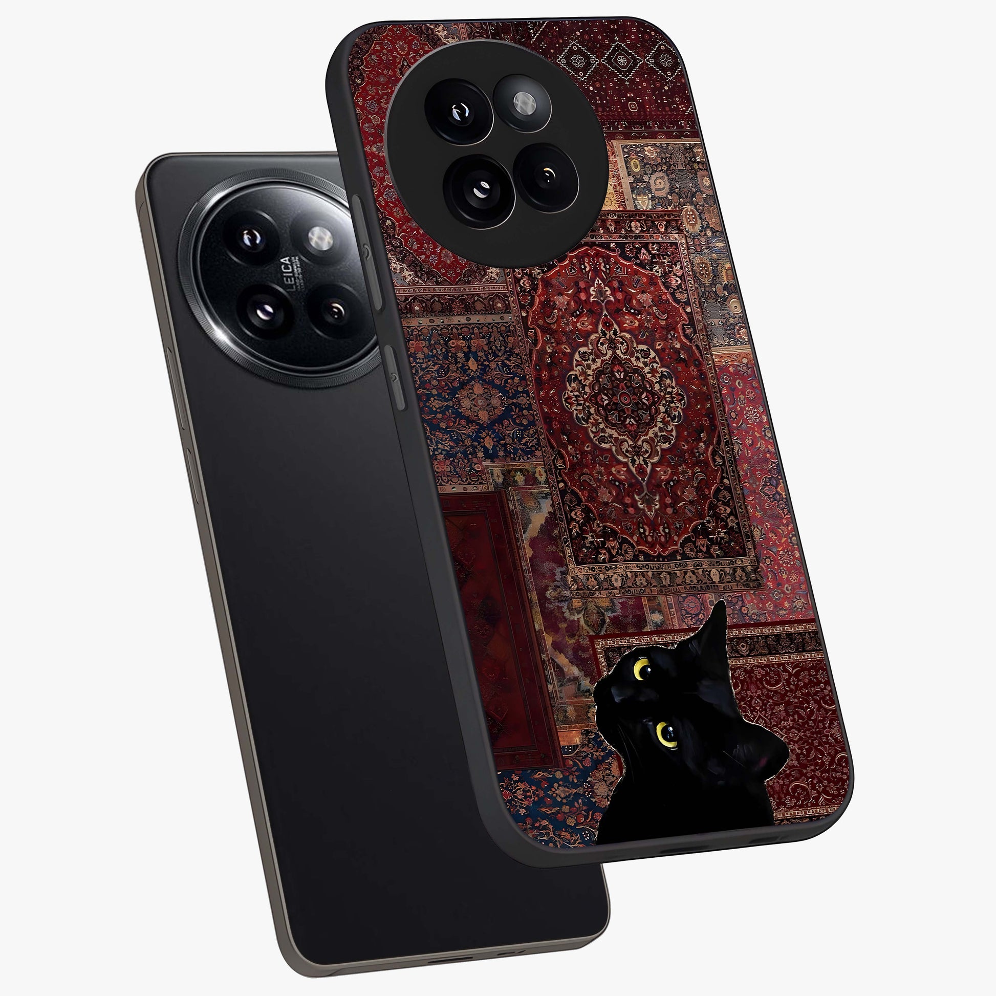Regal Magic Cat Apple Glass Case displayed in angled mockup highlighting whimsical feline design with fantasy aesthetic.
