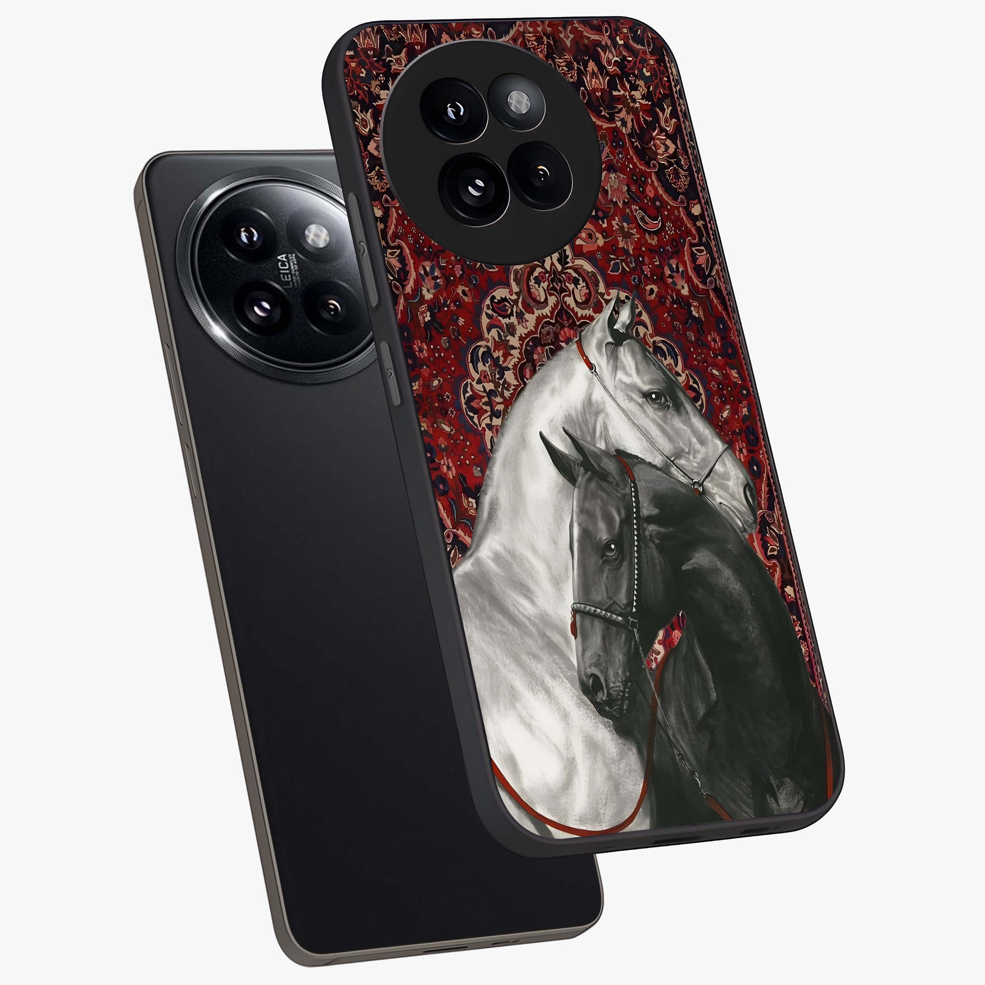 Regal Stallion Tapestry Glass Case displayed in angled mockup highlighting royal stallion design with decorative heritage aesthetic.