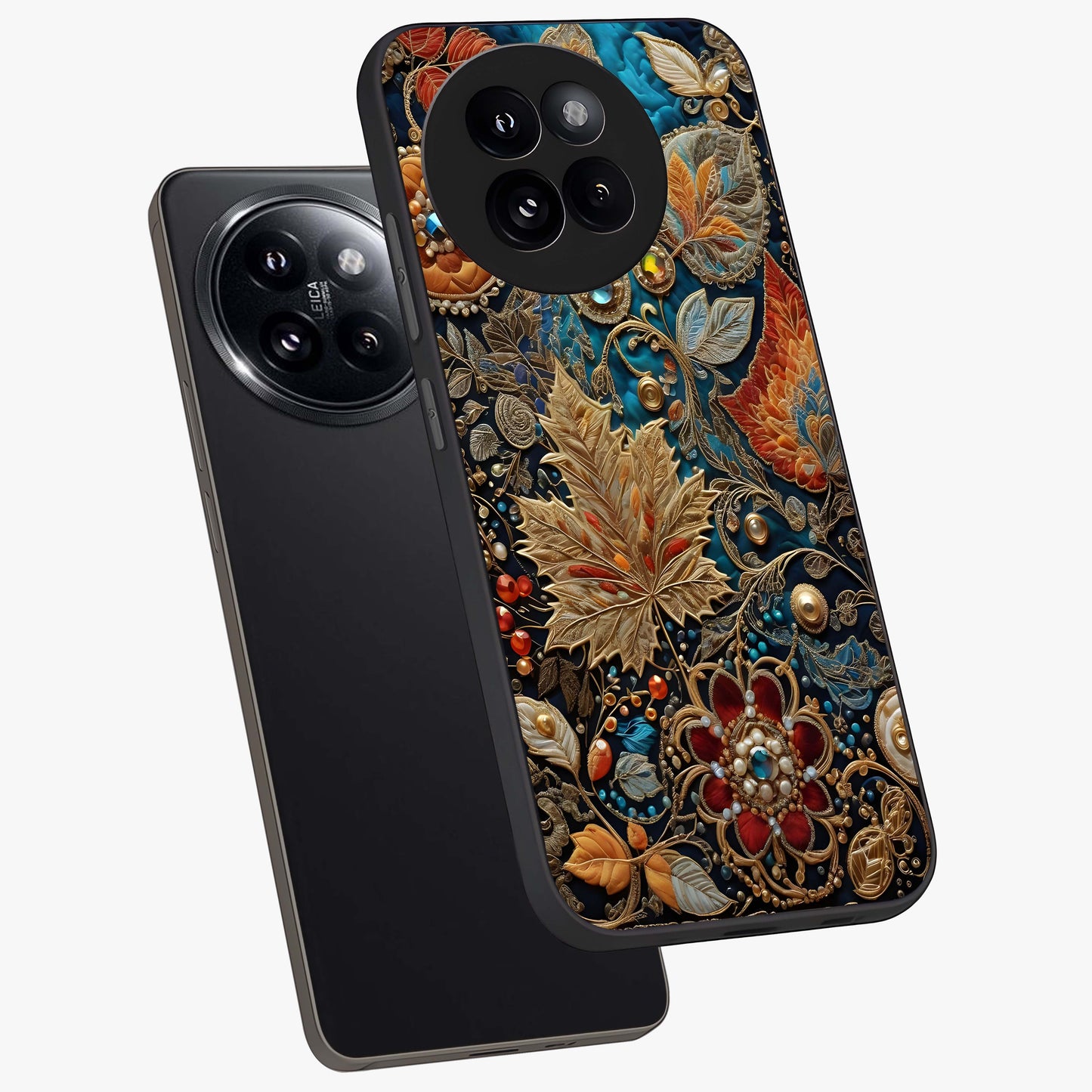 Royal Jewel Garden Glass Case displayed in angled mockup highlighting vibrant jewel inspired floral design with elegant aesthetic.