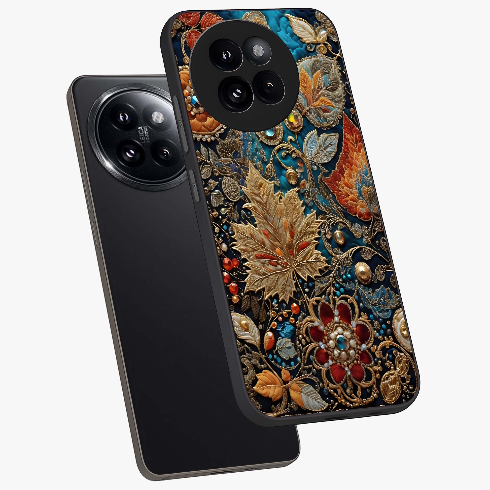 Royal Jewel Garden Glass Case displayed in angled mockup highlighting vibrant jewel inspired floral design with elegant aesthetic.