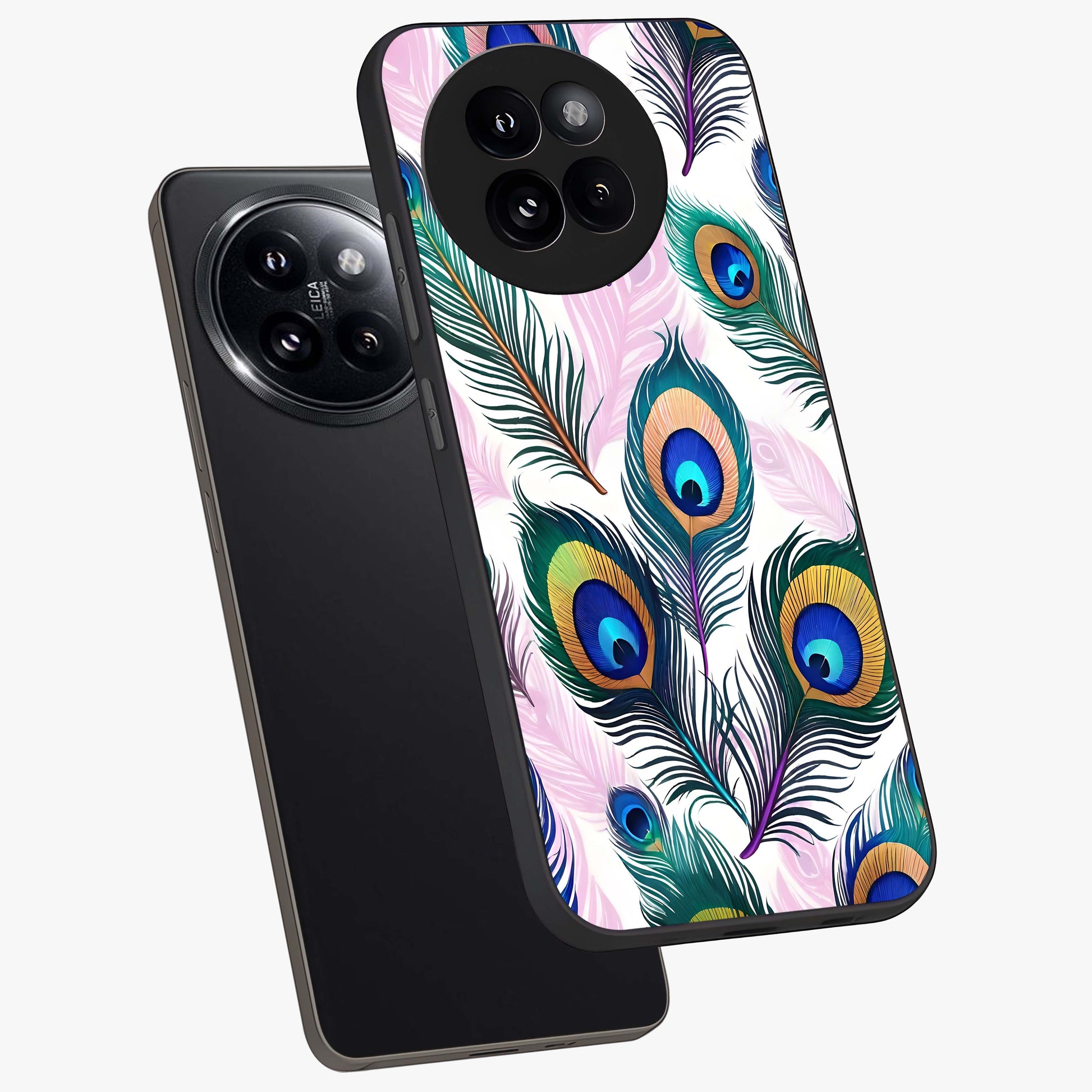 Royal Peacock Feathers Glass Case displayed in angled mockup highlighting vibrant feather pattern with regal aesthetic style.