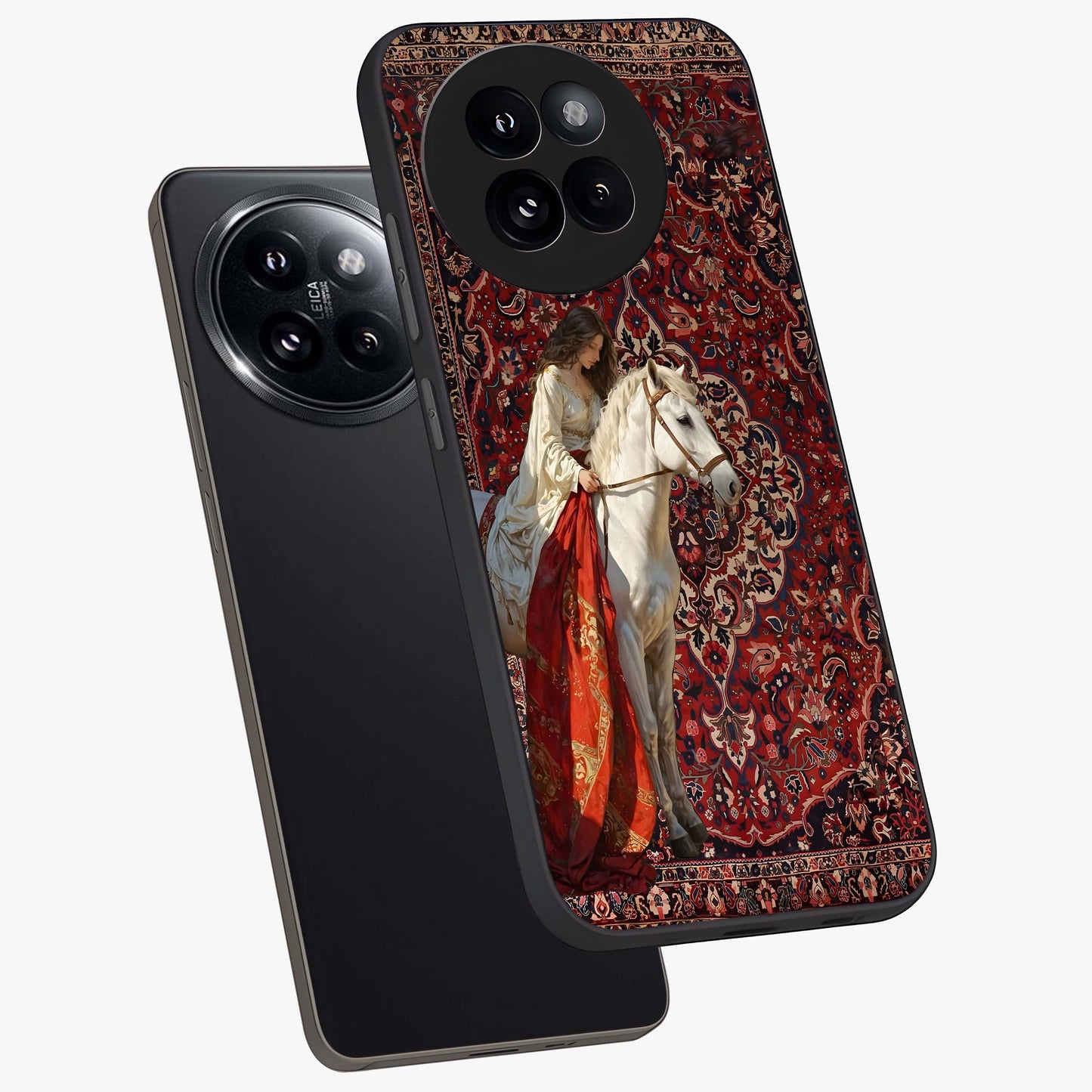 Royal Rider Tapestry Glass Case displayed in angled mockup highlighting traditional tapestry design with royal heritage aesthetic.