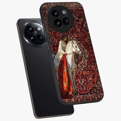 Royal Rider Tapestry Glass Case displayed in angled mockup highlighting traditional tapestry design with royal heritage aesthetic.