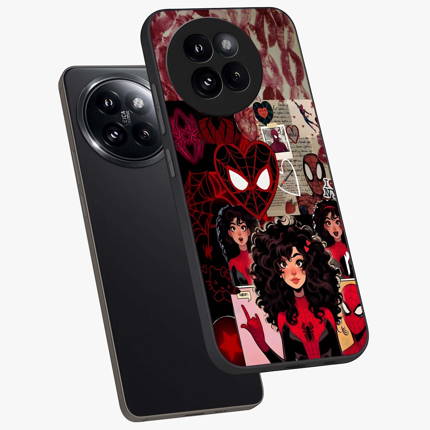Spider Love Story Glass Case displayed in angled mockup highlighting expressive comic inspired design with playful aesthetic.