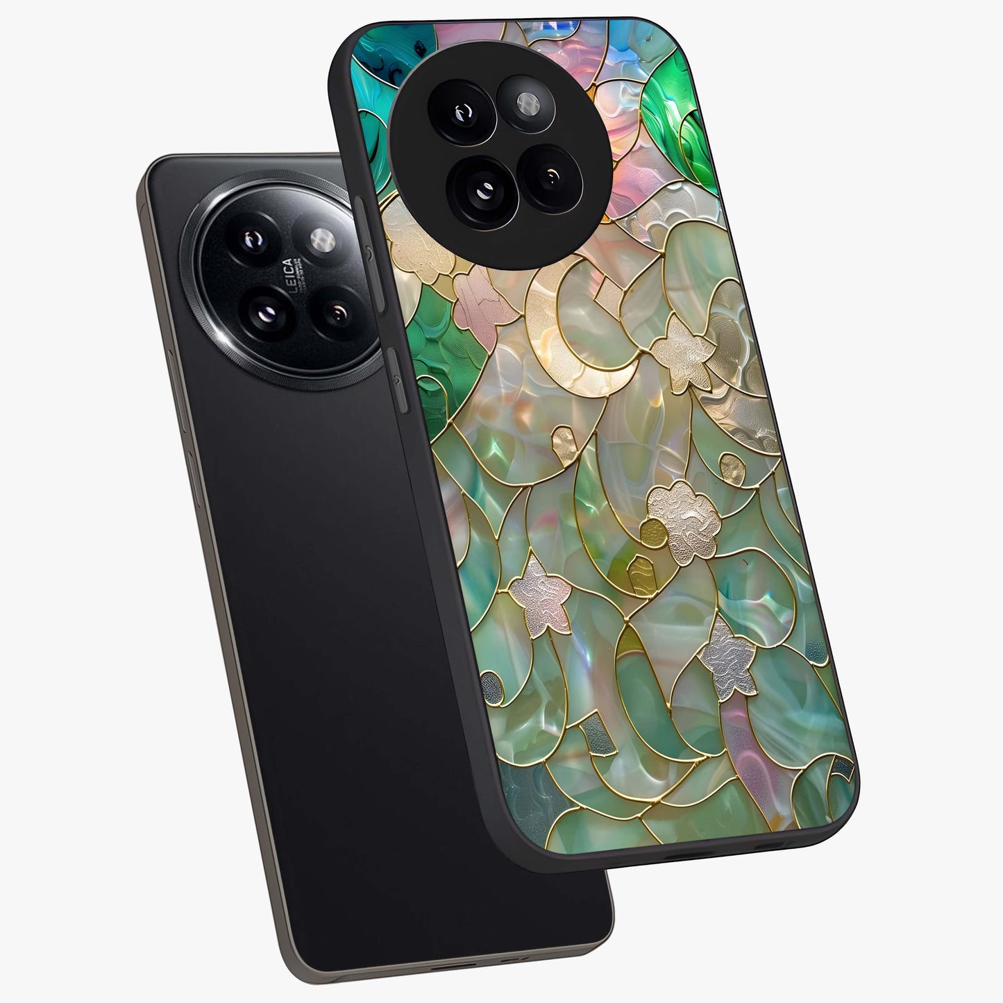 Stained Sunrise Glow Glass Case displayed in angled mockup highlighting radiant sunrise design with artistic aesthetic style.