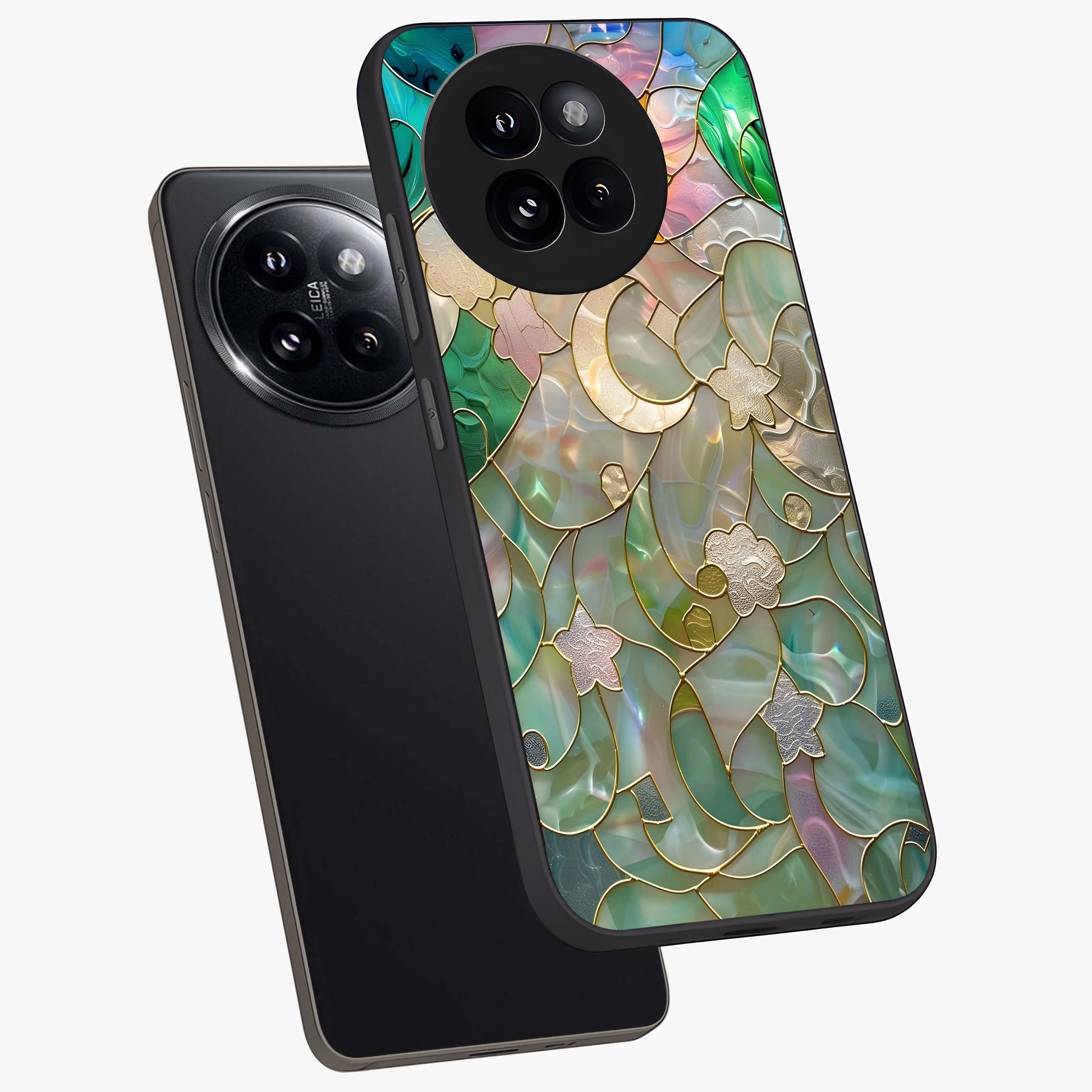 Stained Sunrise Glow Glass Case displayed in angled mockup highlighting radiant sunrise design with artistic aesthetic style.