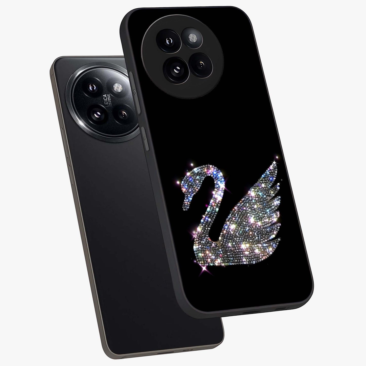 Starlit Swan Grace Glass Case displayed in angled mockup highlighting elegant swan illustration with dreamy celestial aesthetic.