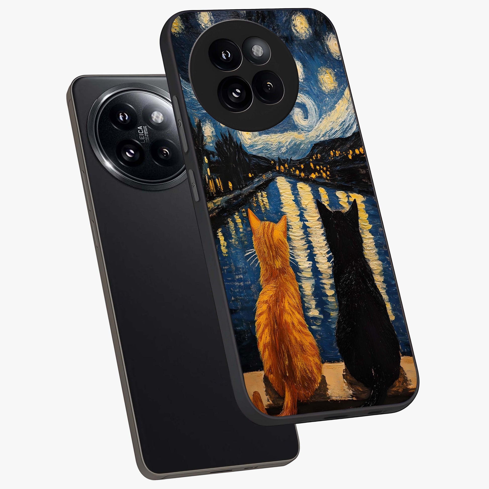 Starry River Cats Glass Case displayed in angled mockup highlighting charming feline illustration with dreamy night aesthetic.