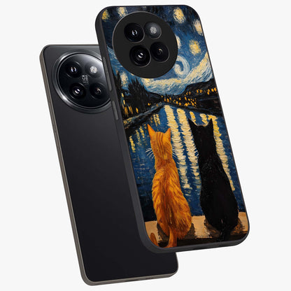 Starry River Cats Glass Case displayed in angled mockup highlighting charming feline illustration with dreamy night aesthetic.