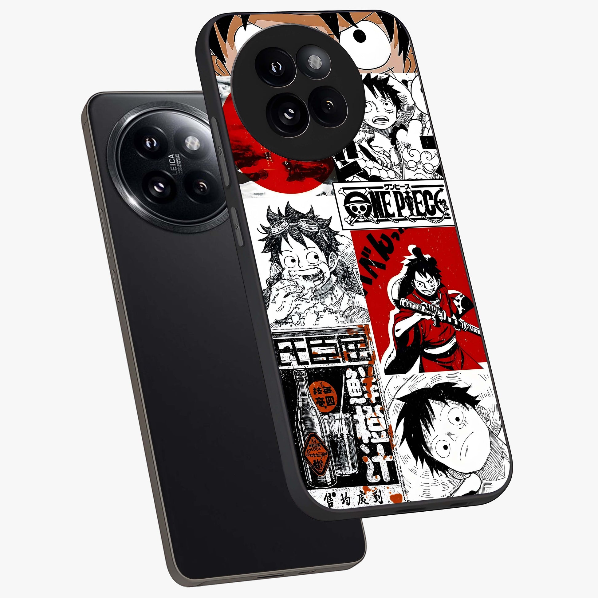 Strawhat Chaos Panels Glass Case displayed in angled mockup highlighting vibrant anime collage design with action aesthetic.