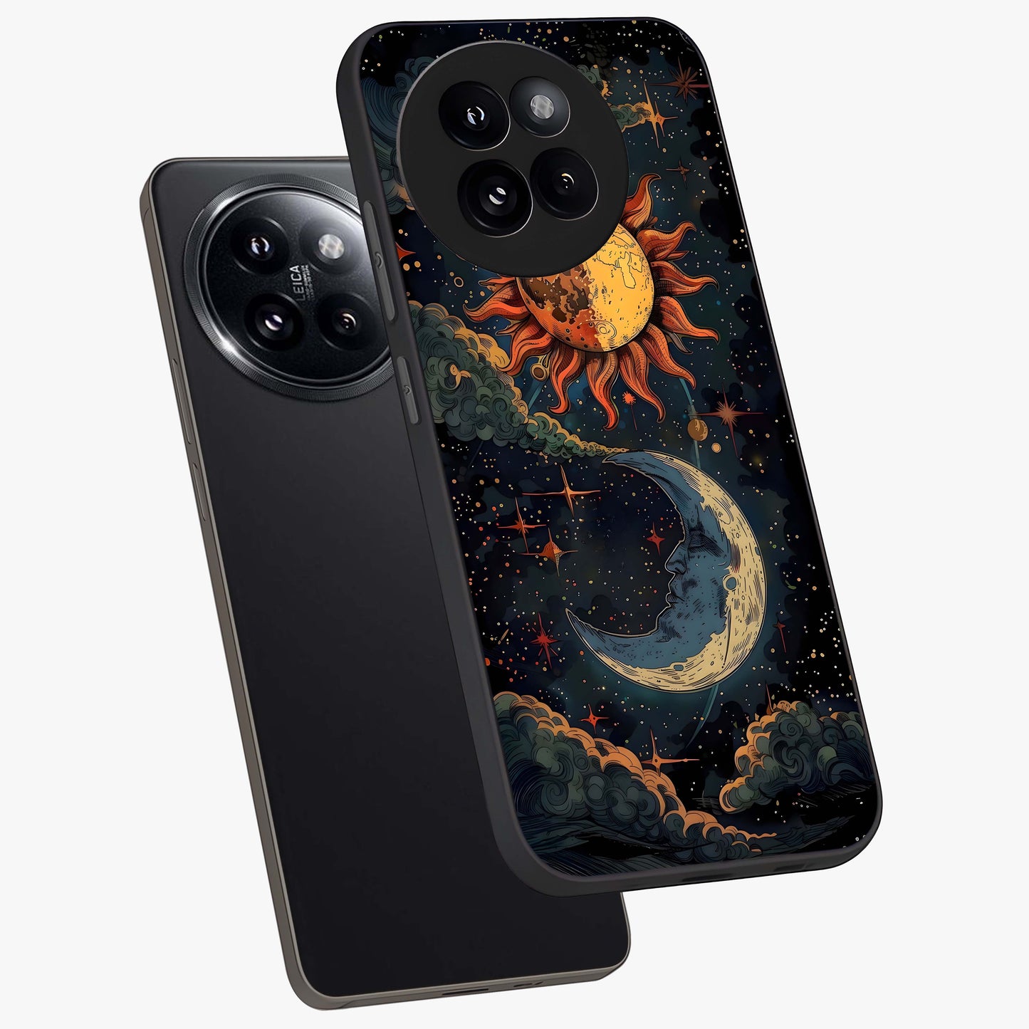 Sun And Moon Magic Design Glass Case displayed in angled mockup highlighting celestial design with magical cosmic aesthetic.