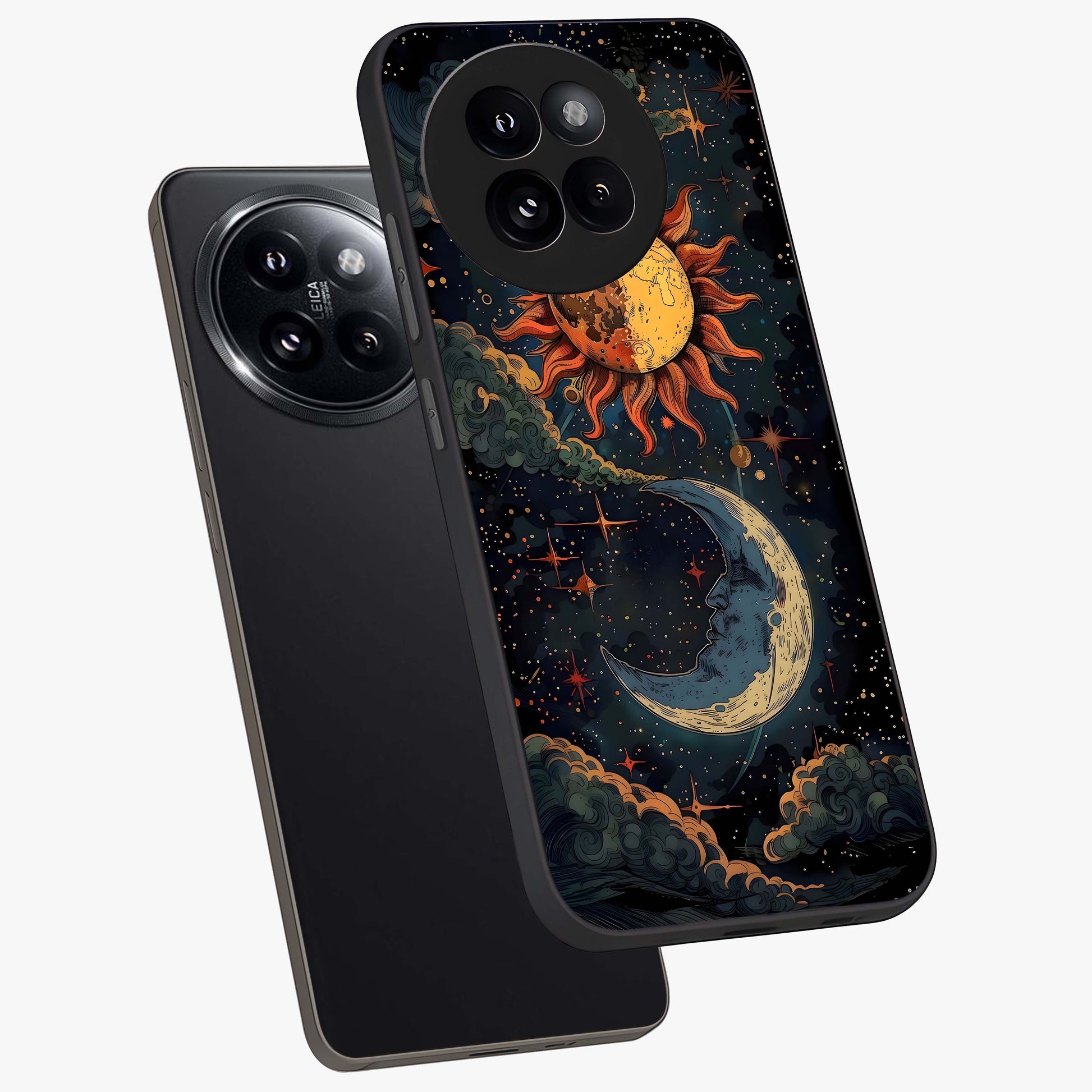 Sun And Moon Magic Design Glass Case displayed in angled mockup highlighting celestial design with magical cosmic aesthetic.