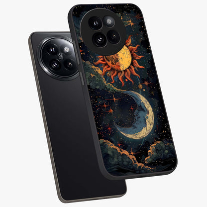 Sun And Moon Magic Design Glass Case displayed in angled mockup highlighting celestial design with magical cosmic aesthetic.