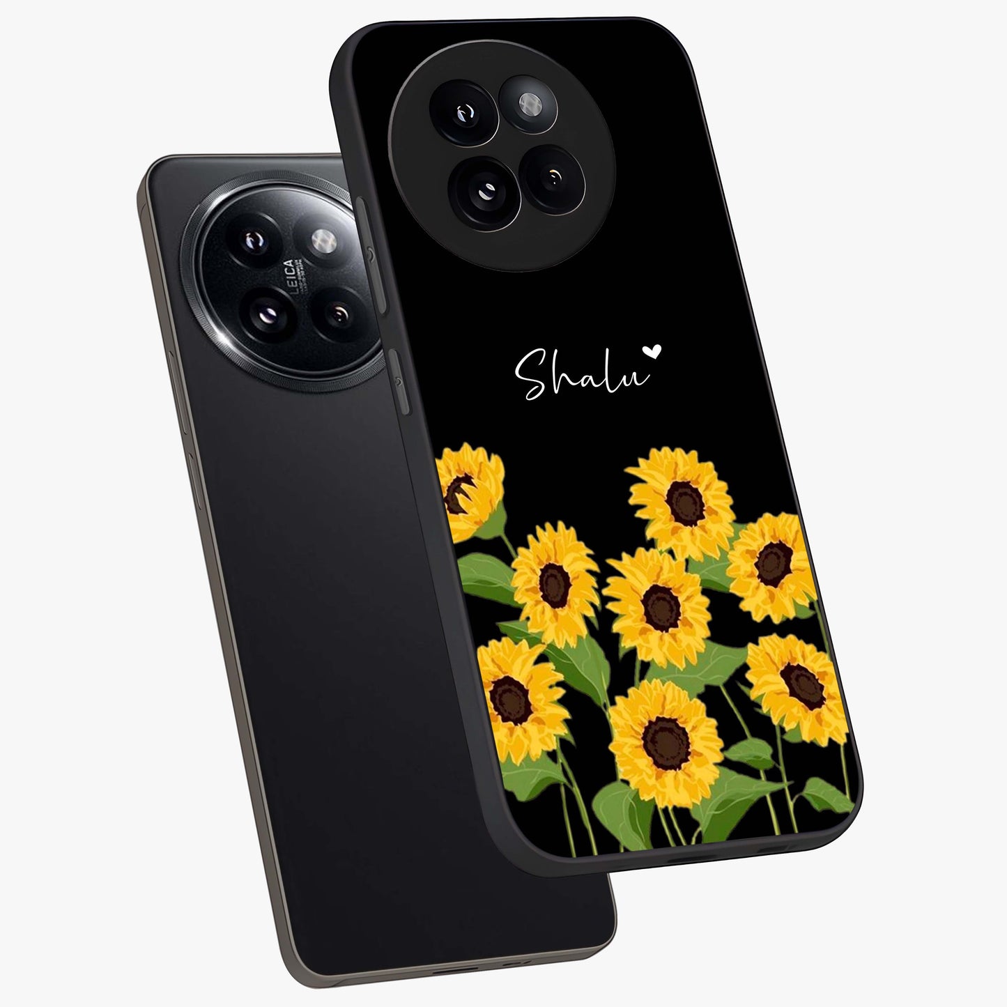 Sunflower Chic Mood Custom Name Glass Case displayed in angled mockup highlighting vibrant sunflower design with custom name feature.