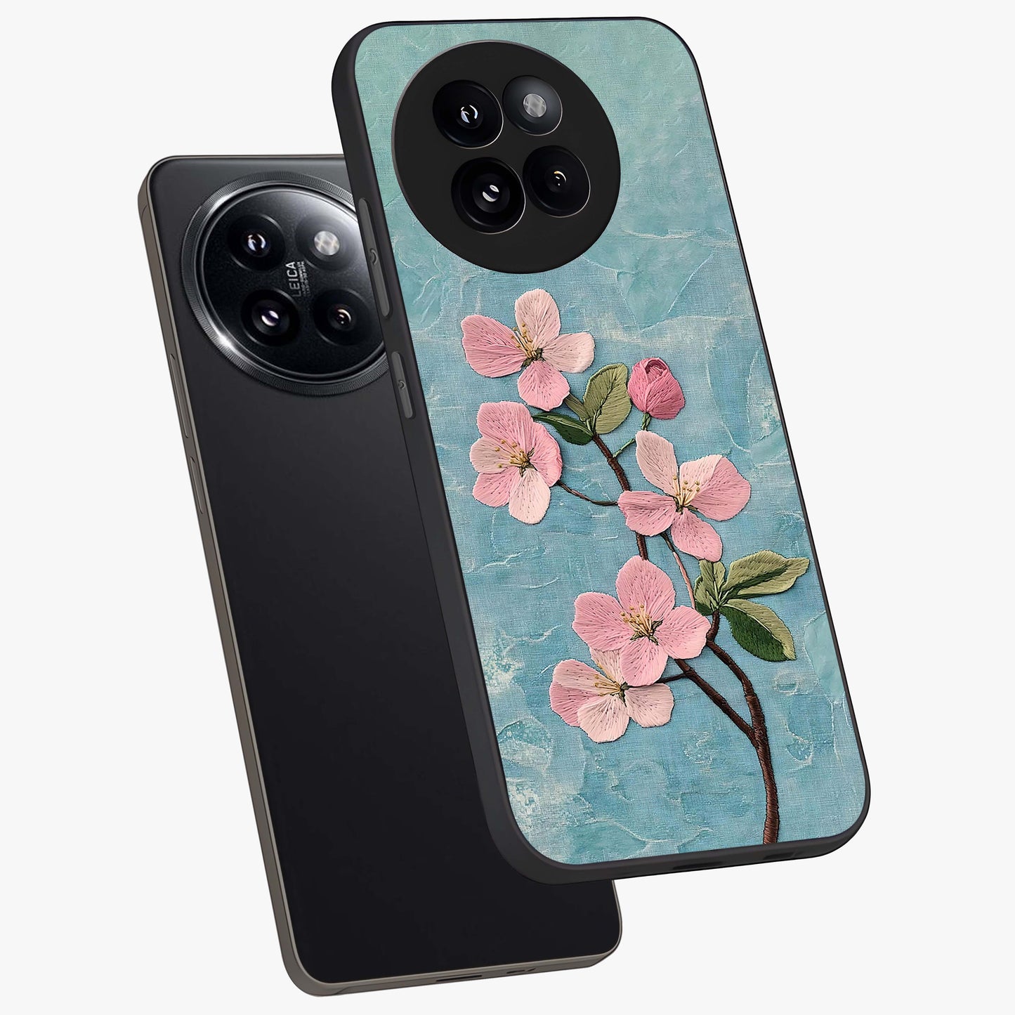 Threaded Blossom Breeze Glass Case displayed in angled mockup highlighting elegant floral design with soft aesthetic style.