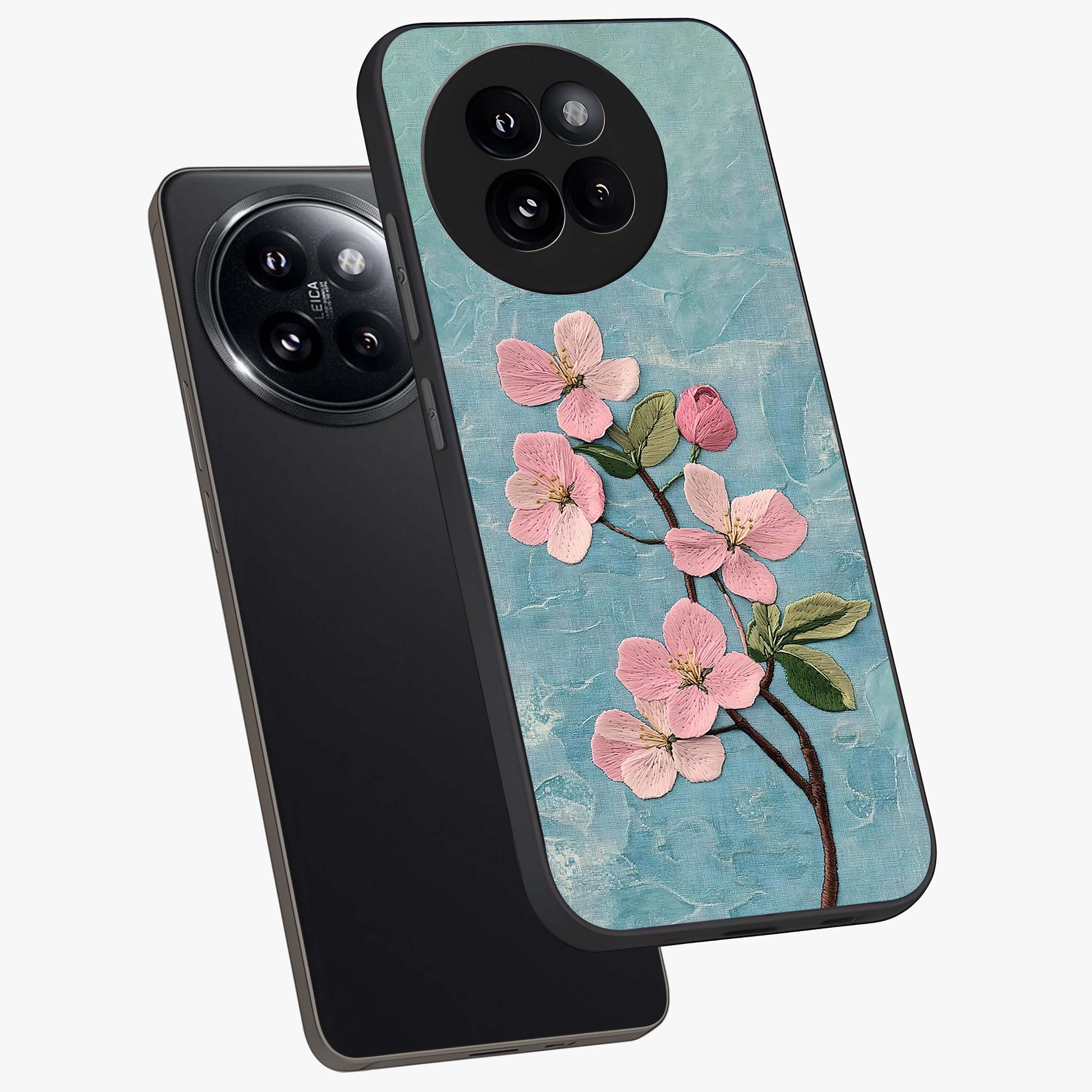 Threaded Blossom Breeze Glass Case displayed in angled mockup highlighting elegant floral design with soft aesthetic style.