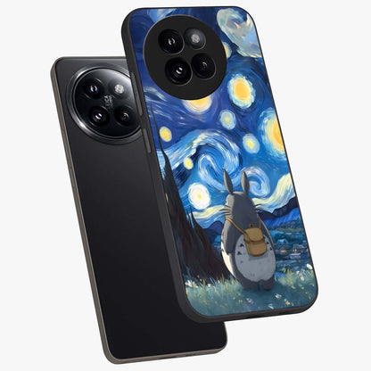 Totoro In Van Gogh Art Glass Case displayed in angled mockup highlighting artistic swirling sky design with playful animation aesthetic.