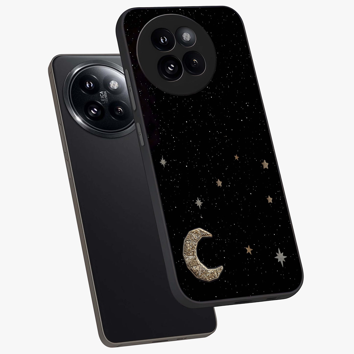Twinkle Star With Half Moon Glass Case displayed in angled mockup highlighting celestial moon and star design with magical aesthetic.