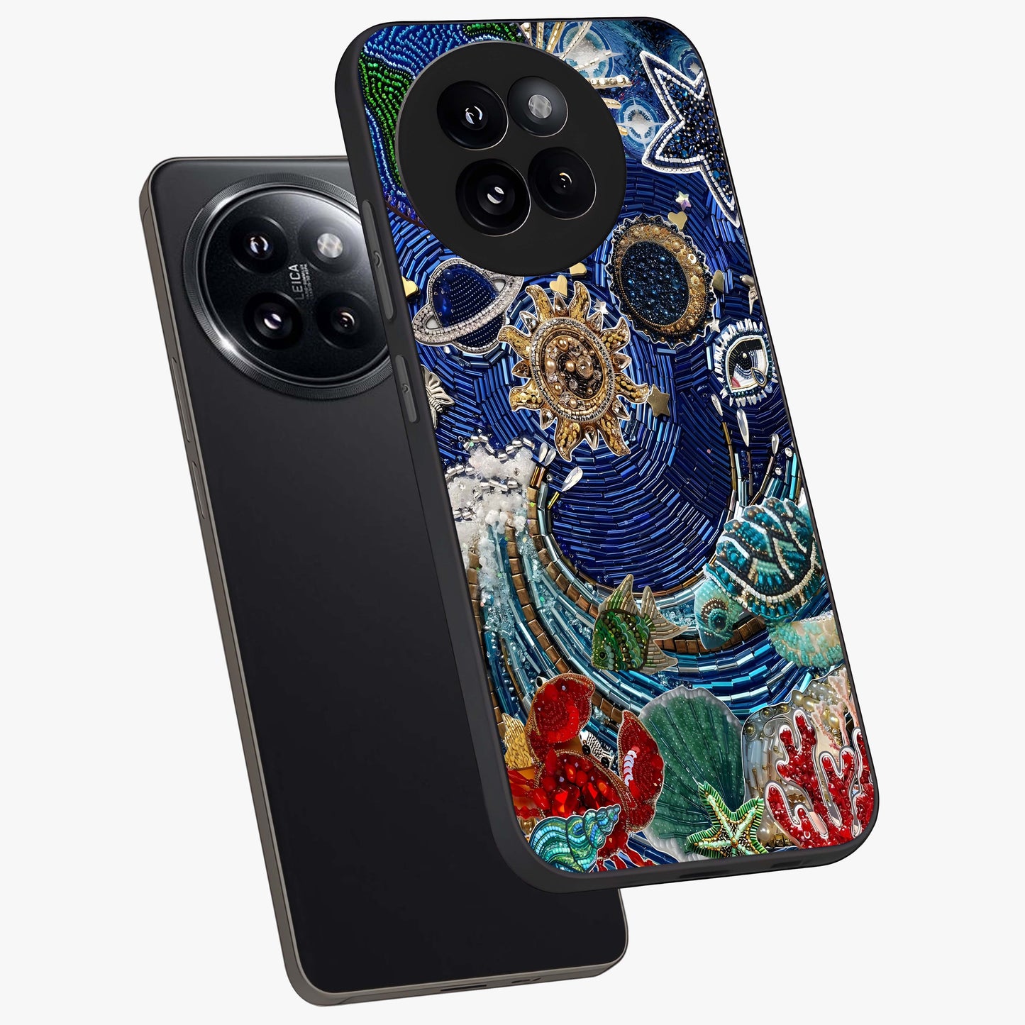 Universe Underwater Spark Glass Case displayed in angled mockup highlighting glowing aquatic design with celestial aesthetic.