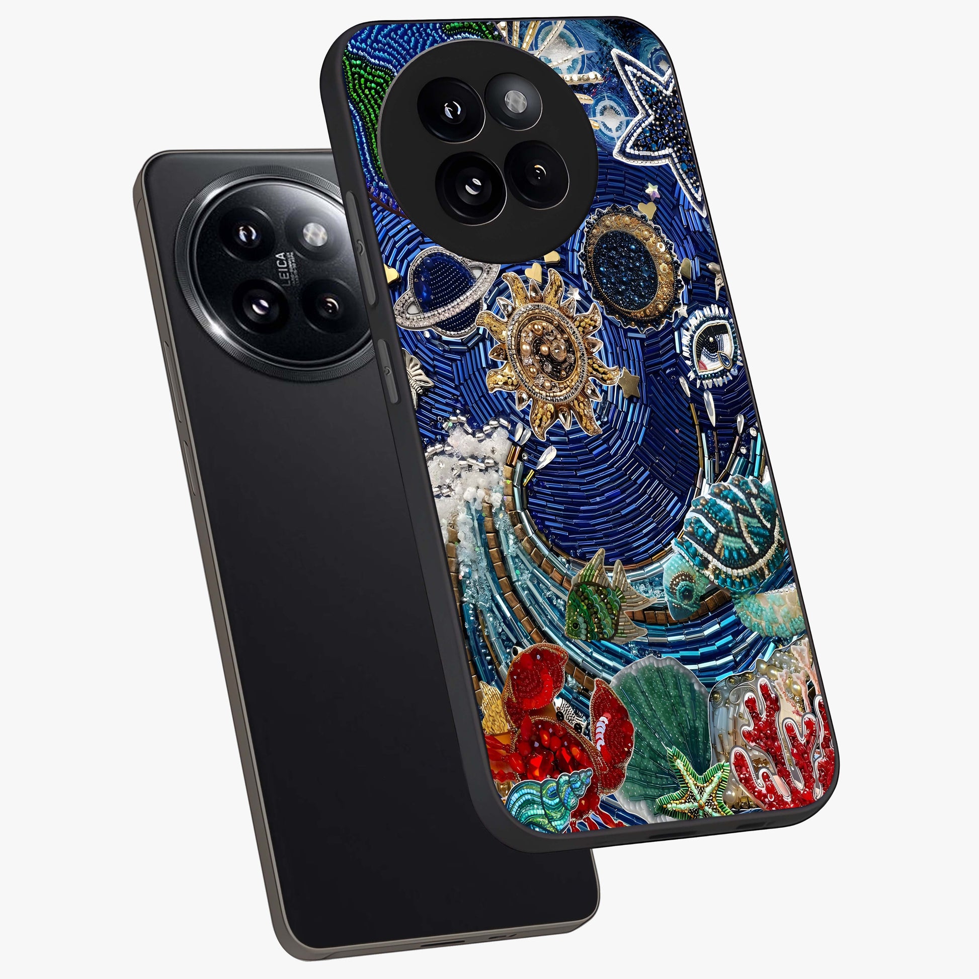 Universe Underwater Spark Glass Case displayed in angled mockup highlighting glowing aquatic design with celestial aesthetic.