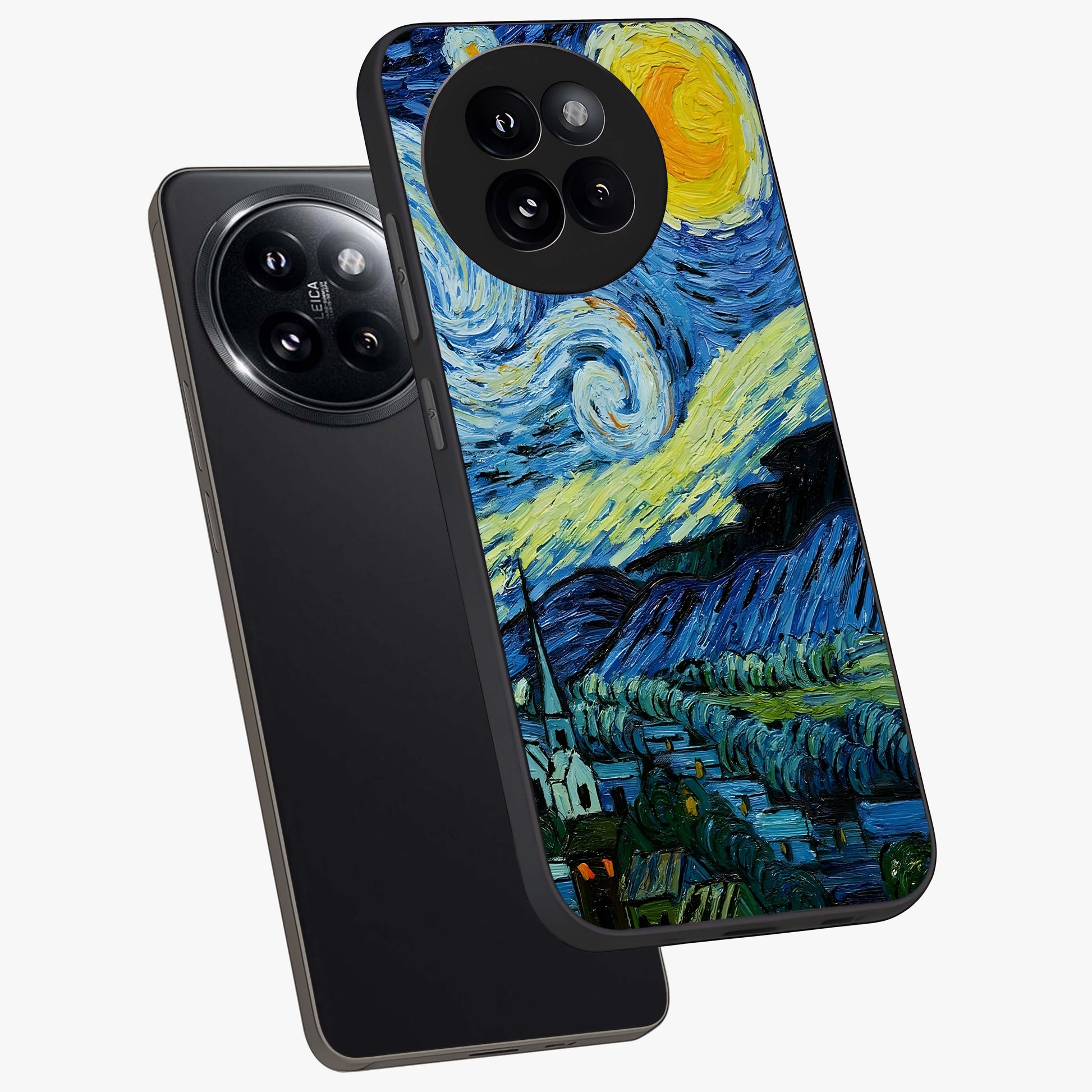 Van Gogh Art Glass Case displayed in angled mockup highlighting swirling brushstroke design with artistic aesthetic.