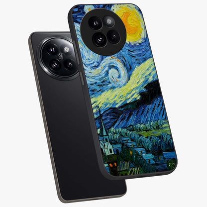Van Gogh Art Glass Case displayed in angled mockup highlighting swirling brushstroke design with artistic aesthetic.
