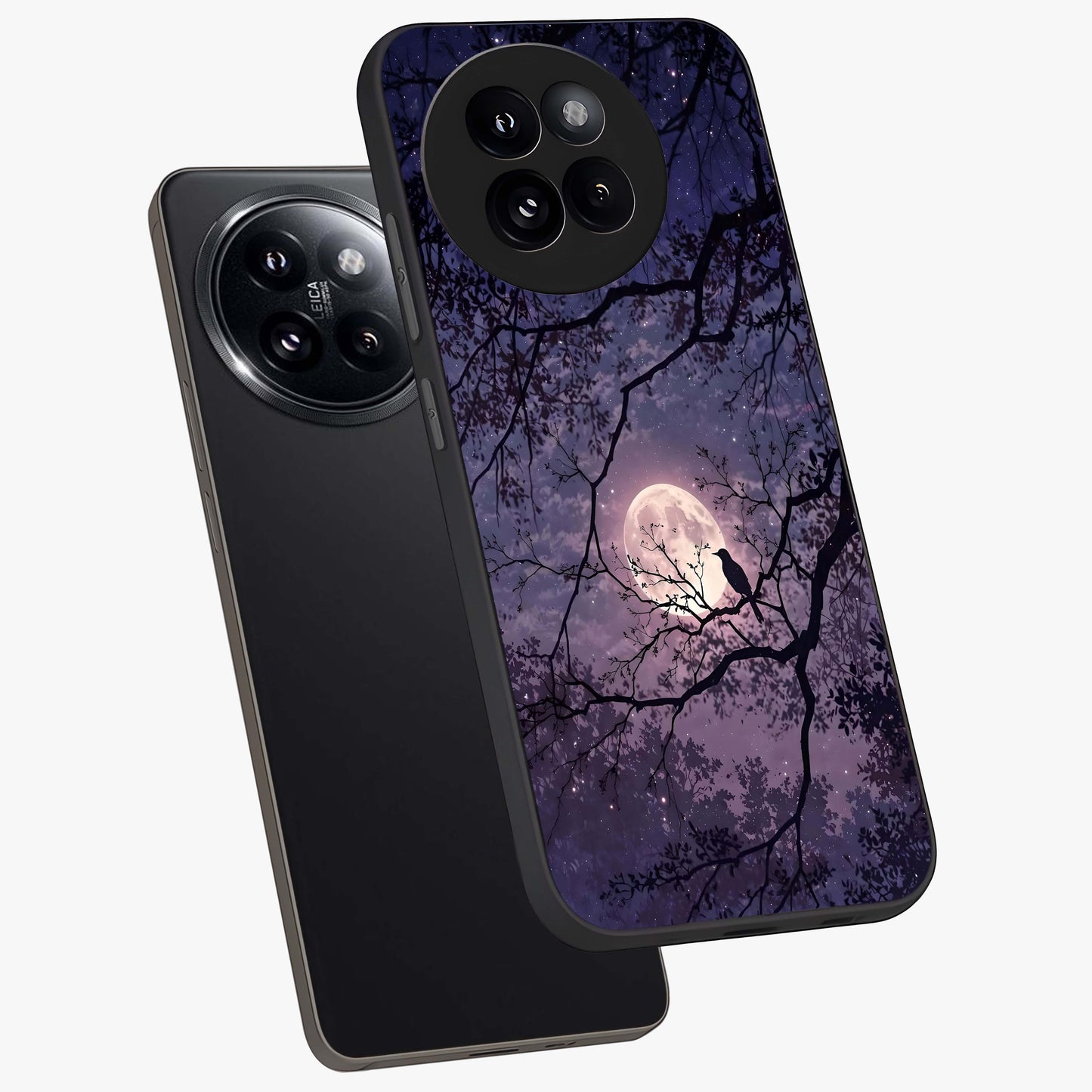 Whispering Moon Silence Glass Case displayed in angled mockup highlighting calm lunar design with dreamy night aesthetic.