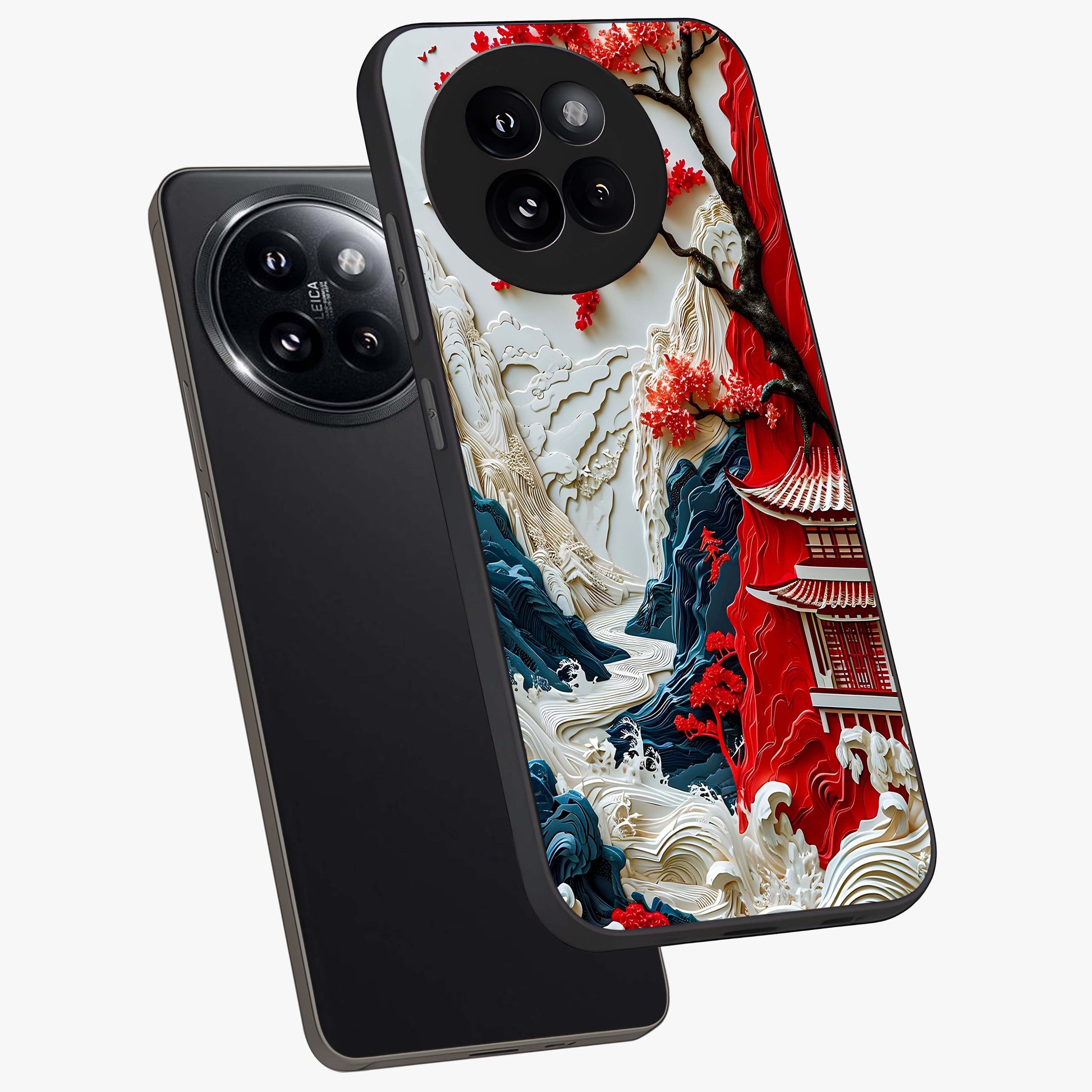 Whispers Of Sakura Waves Glass Case displayed in angled mockup highlighting flowing sakura design with soft floral aesthetic.