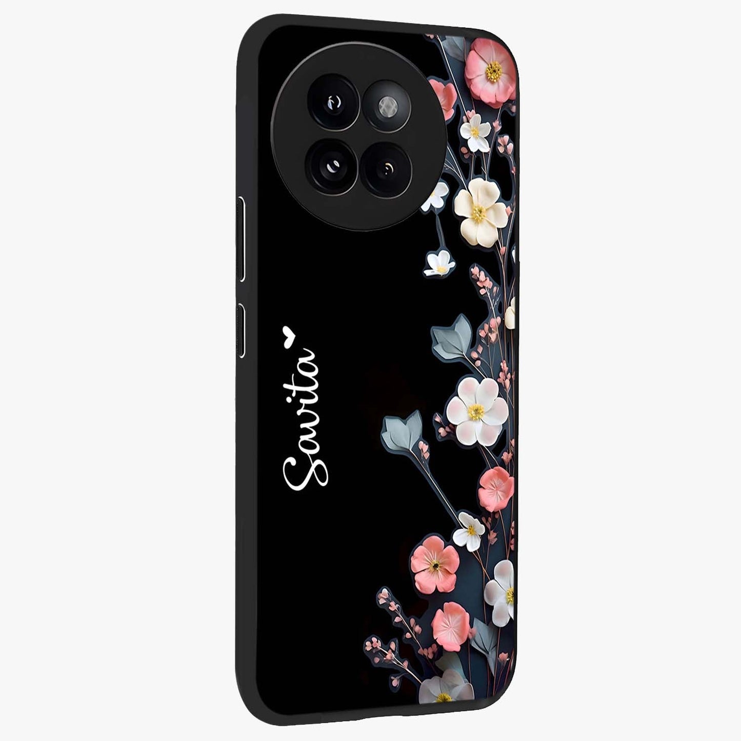Black Elegance Floral Custom Name Glass Case upright view showcasing luxurious black floral design with personalized name detail.