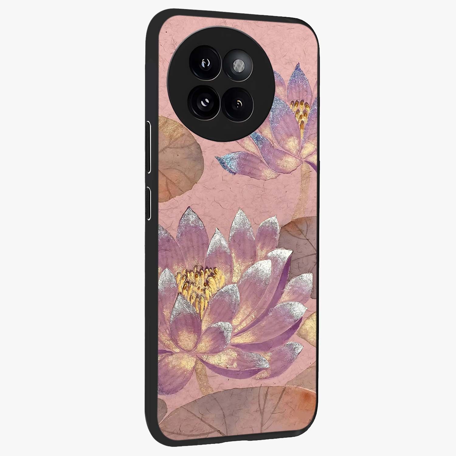 Blossom Mist Lotus Glass Case upright view showcasing graceful lotus flower design with peaceful botanical style.