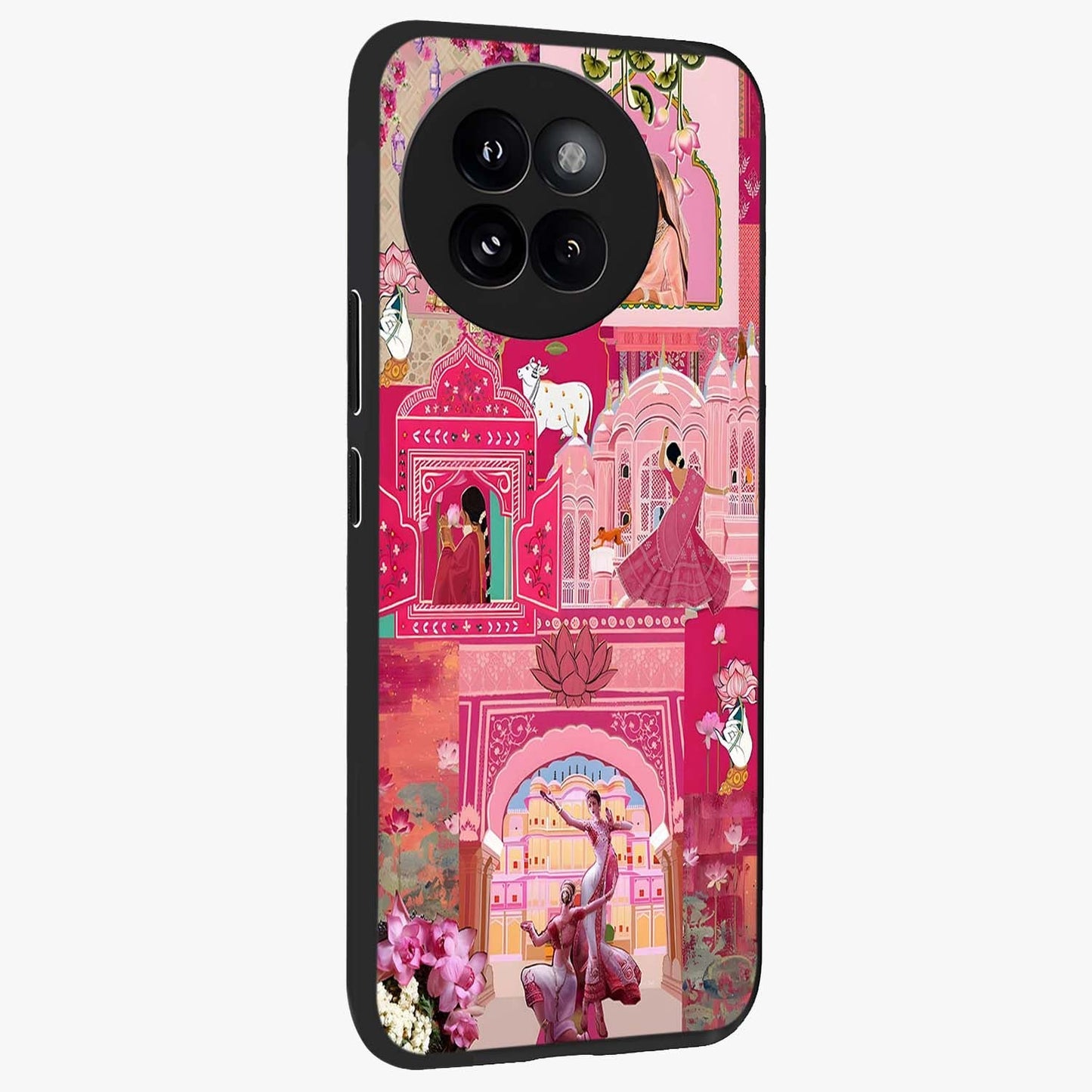 Blossoms of Rajasthan Glass Case upright view showcasing colorful floral design inspired by traditional Indian art.