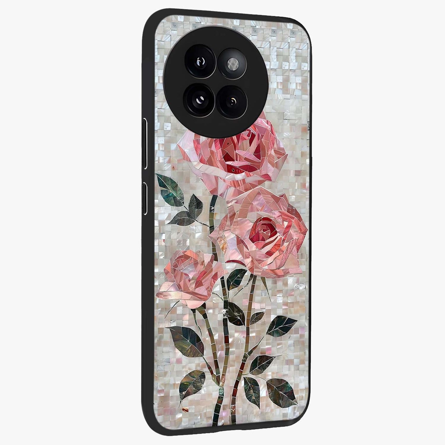 Blush Mosaic Bloom Glass Case upright view showcasing decorative floral mosaic artwork with stylish modern aesthetic.