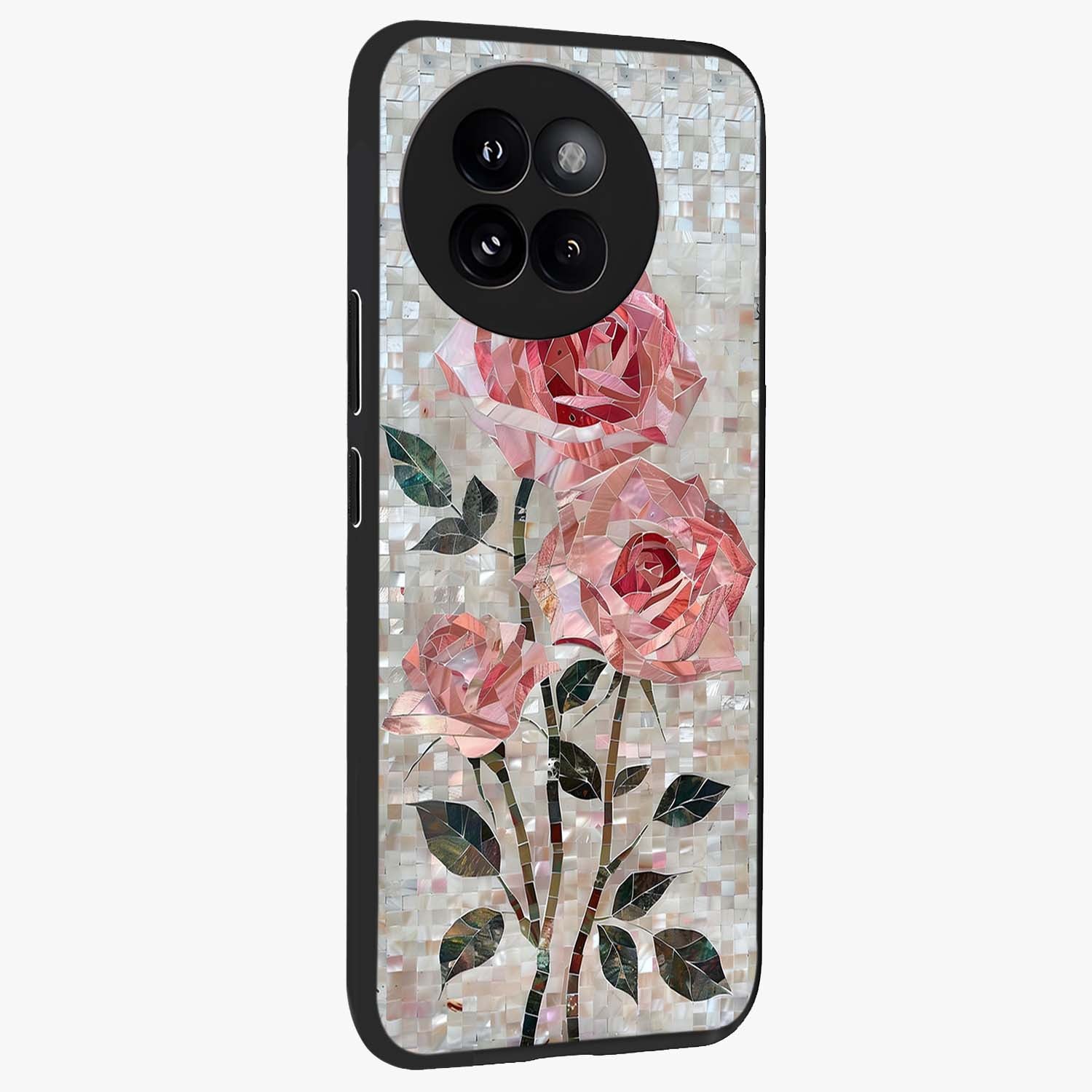 Blush Mosaic Bloom Glass Case upright view showcasing decorative floral mosaic artwork with stylish modern aesthetic.