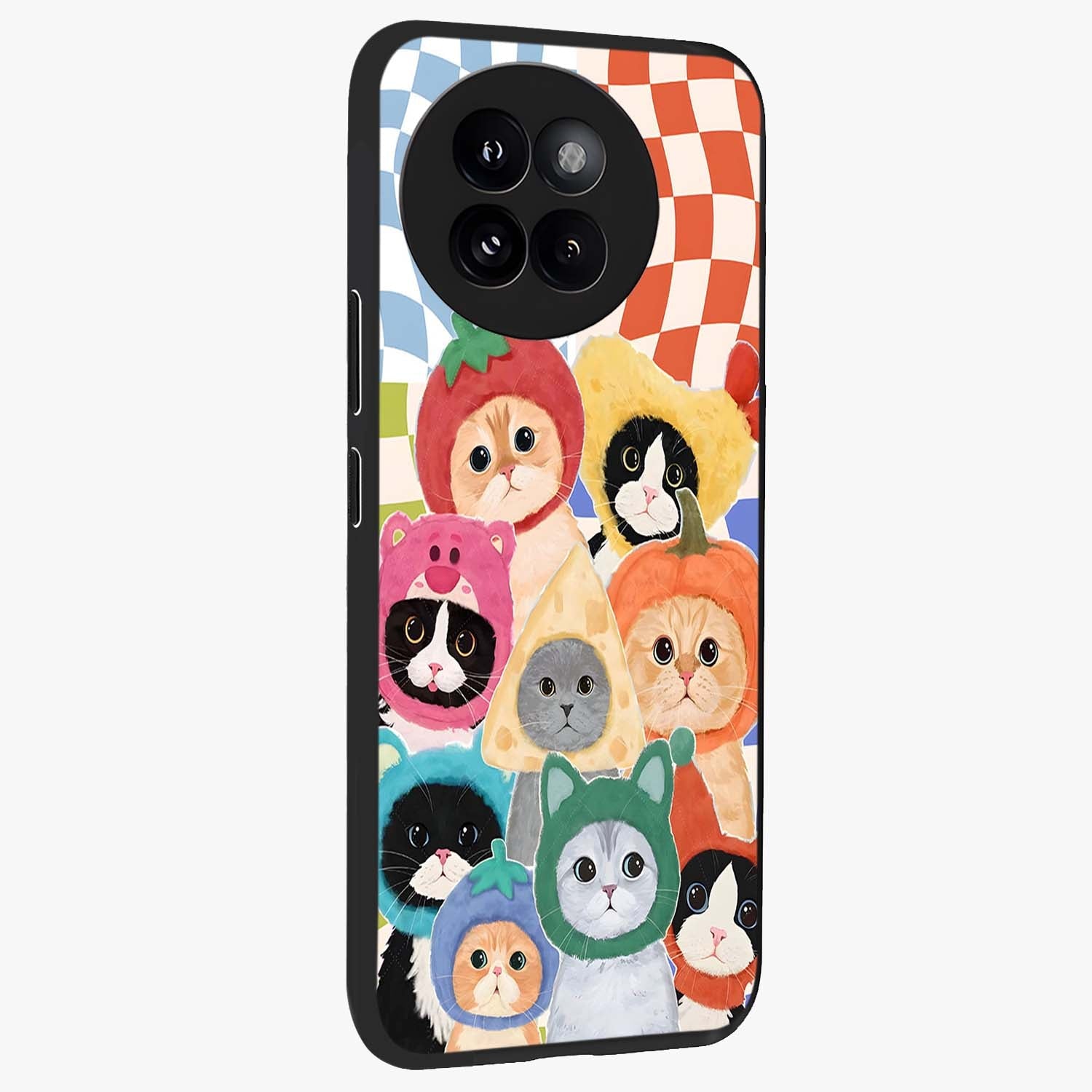 Cats in Fruits Glass Case upright view showcasing charming cat artwork with fun fruity theme.