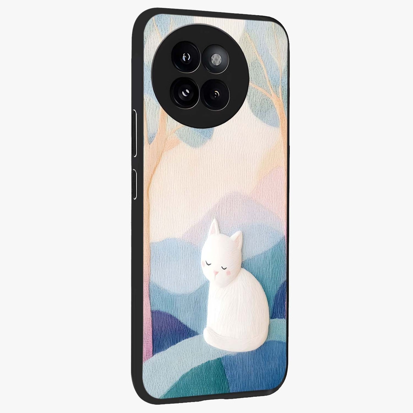 Cotton Dream Cat Glass Case upright view showcasing charming cat artwork with cozy dreamy theme.