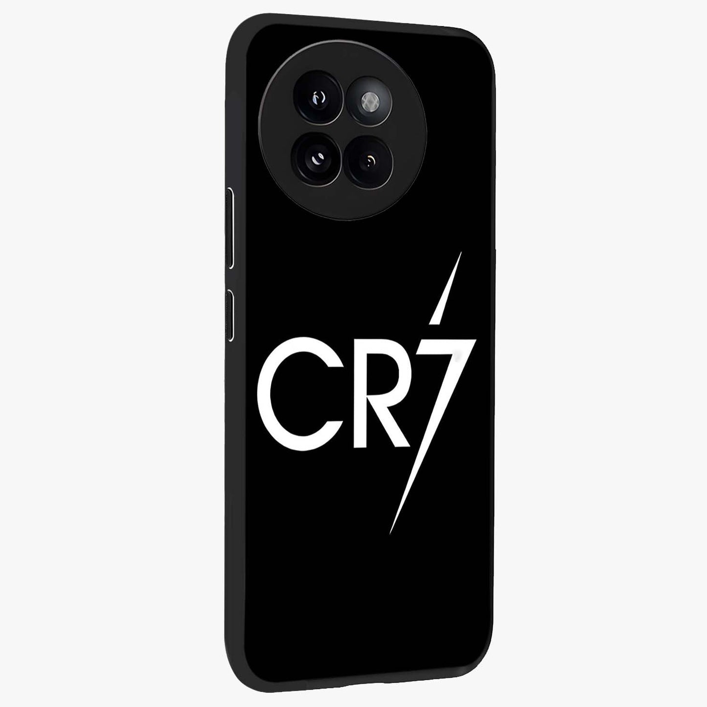 Cr7 Elite Strike Glass Case upright view showcasing energetic football inspired design with modern sports aesthetic.