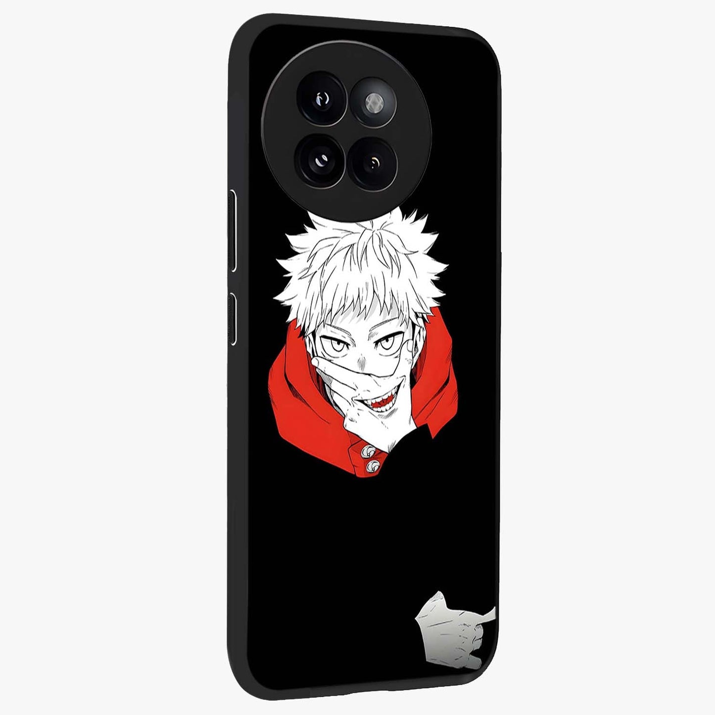 Crimson Chaos Smile Glass Case upright view showcasing expressive chaotic artwork with striking visual theme.