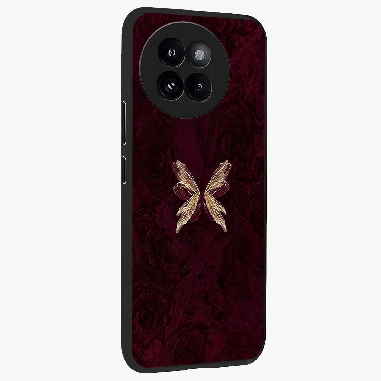 Crimson Fade Butterfly Glass Case upright view showcasing graceful butterfly artwork with soft crimson fade effect.