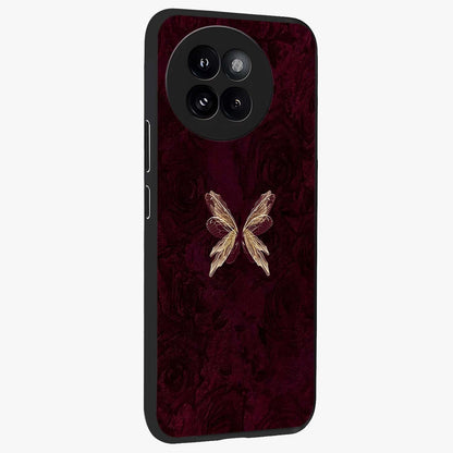 Crimson Fade Butterfly Glass Case upright view showcasing graceful butterfly artwork with soft crimson fade effect.