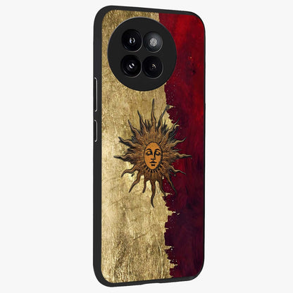 Crimson Sun Majesty Glass Case upright view showcasing vibrant sun artwork with powerful celestial theme.