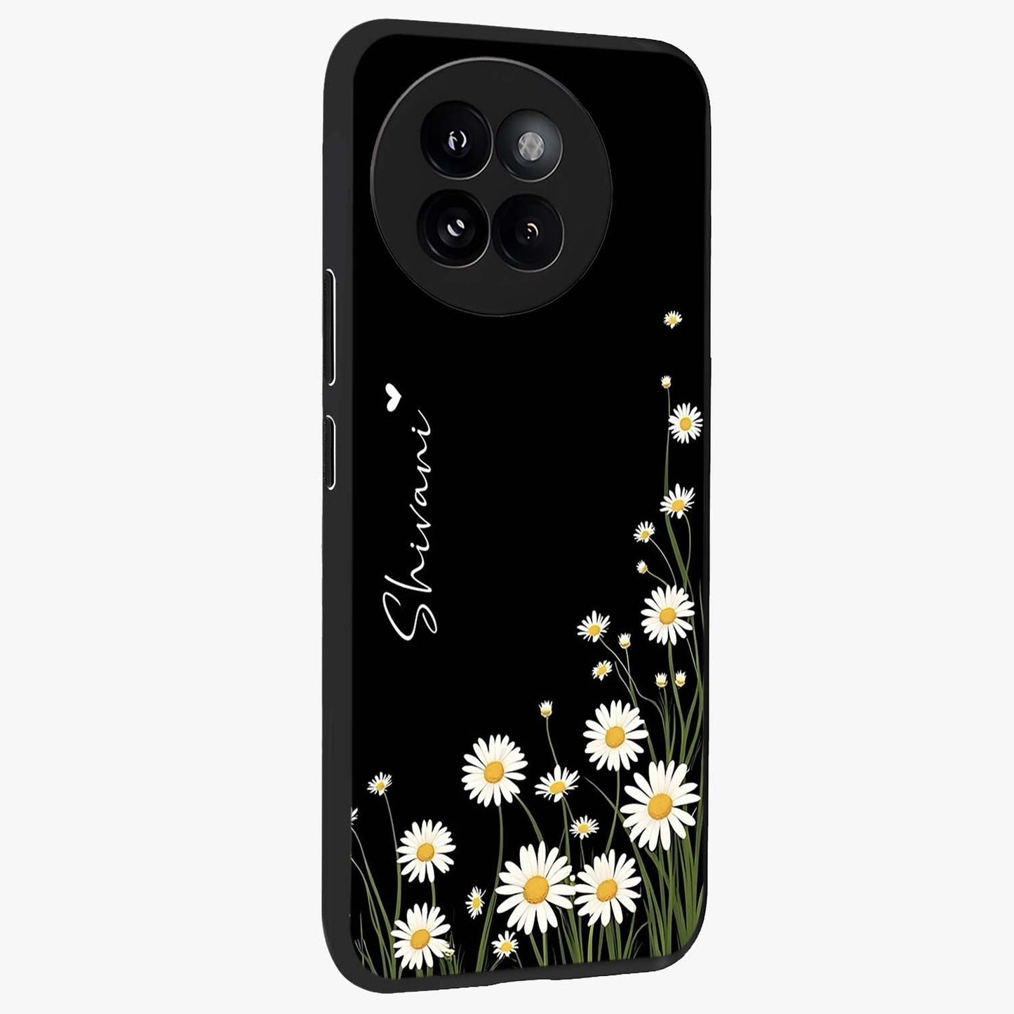 Daisy Cascade Custom Name Glass Case upright view showcasing elegant floral cascade design with personalized aesthetic.
