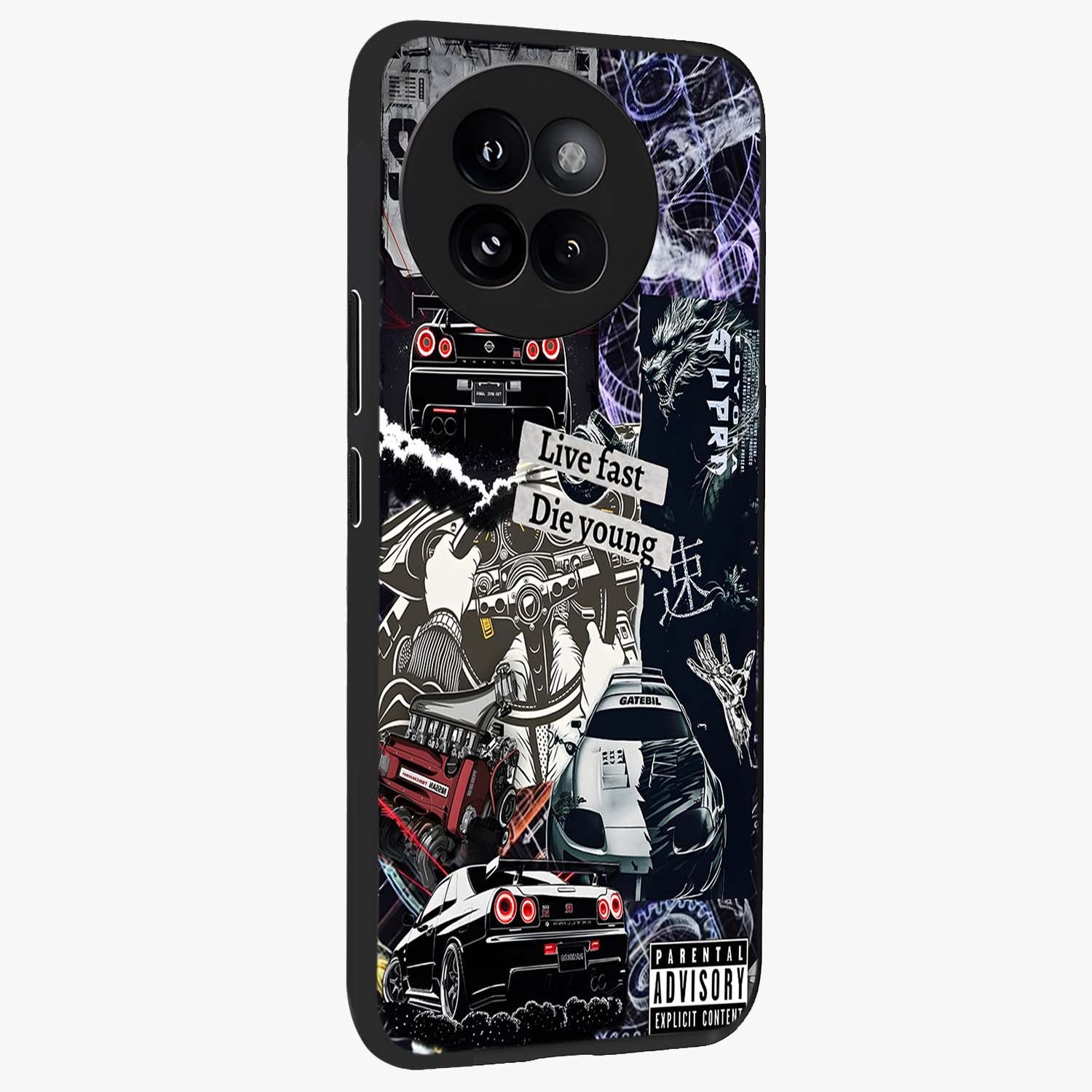 Die Young Glass Case upright view showcasing striking typography artwork with modern statement theme.