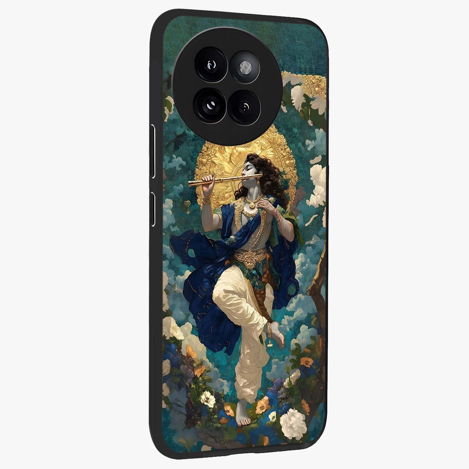 Divine Krishna Art Glass Case upright view showcasing divine Krishna artwork with sacred artistic theme.