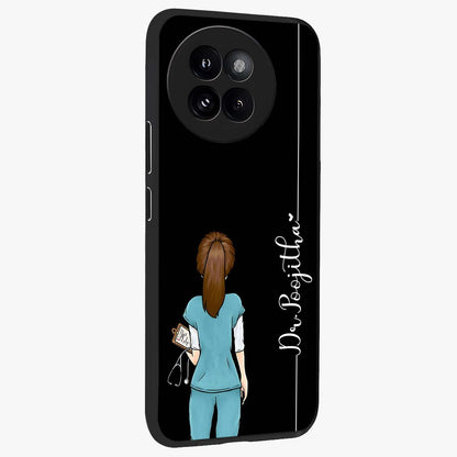 Doctor Pattern Custom Name Glass Case upright view showcasing healthcare themed design with personalized aesthetic.