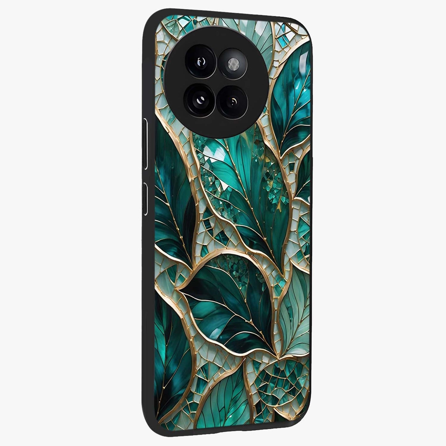 Emerald Leaf Glass Glass Case upright view showcasing fresh green leaf artwork with calming nature inspired style.