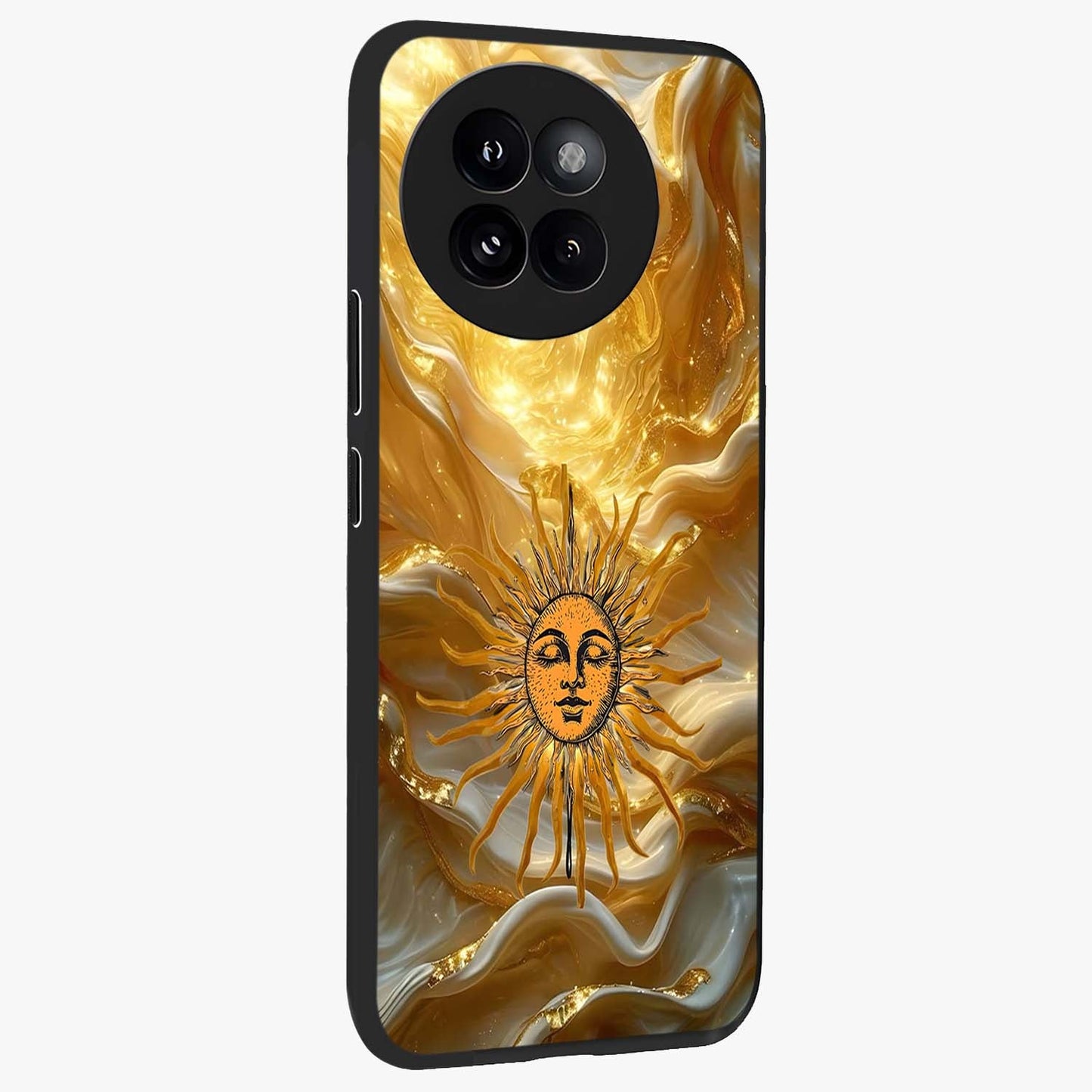 Eternal Golden Glow Glass Case upright view showcasing luminous golden artwork with luxurious visual theme.