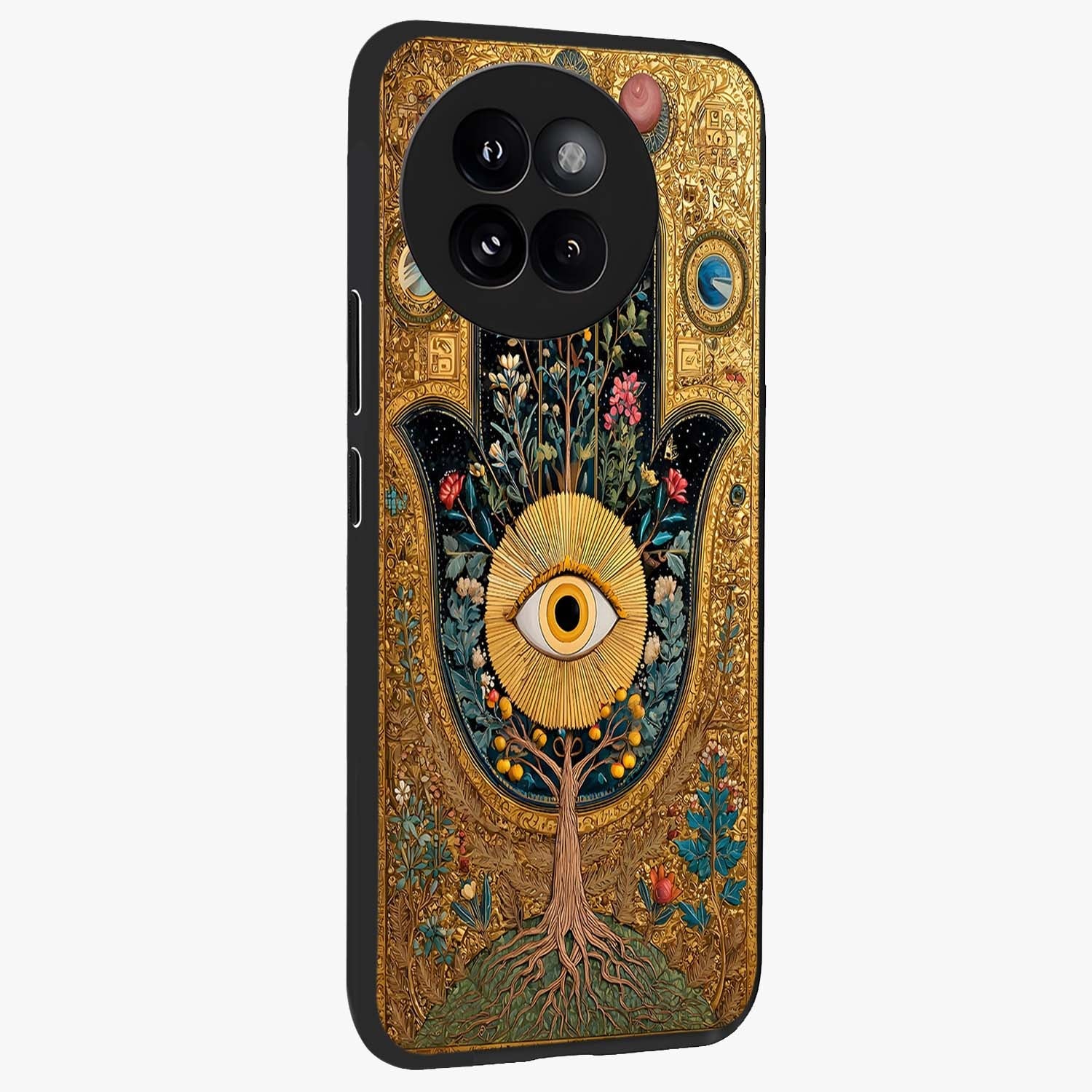 Ethereal Evil Eye Glass Case upright view showcasing celestial evil eye artwork with mystical theme.