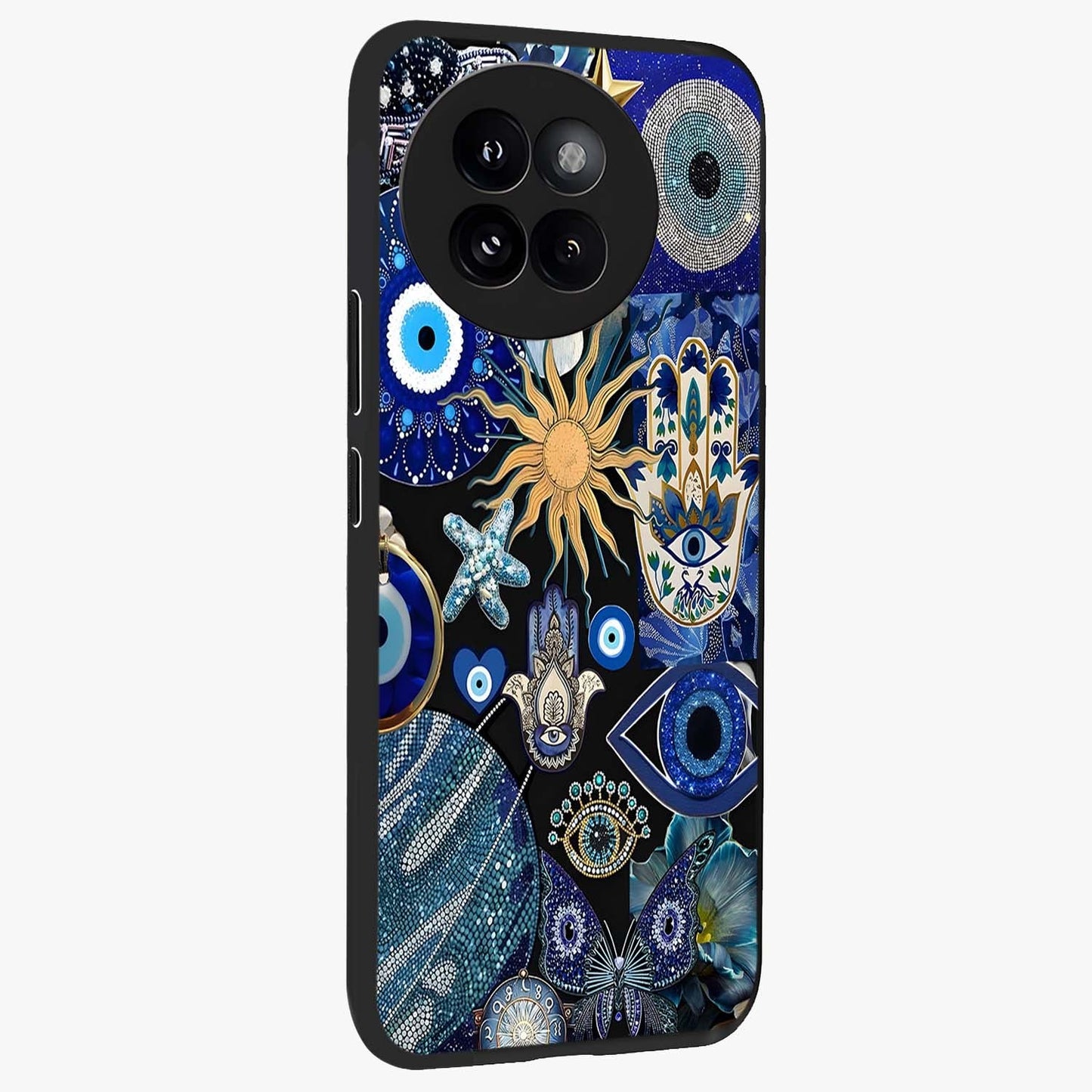 Evil Eye Charm Mix Glass Case upright view showcasing mystical evil eye pattern with vibrant decorative style.